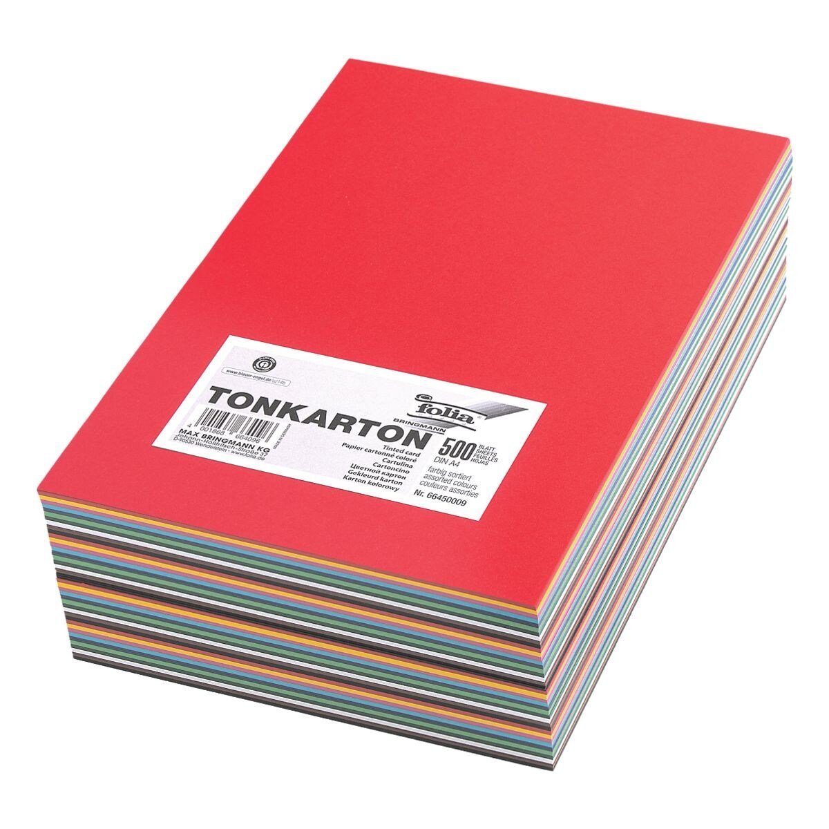 Folia Bastelkartonpapier, Tonkarton in 10 Farben, Format DIN A4, 160 g/m², 500 Blatt