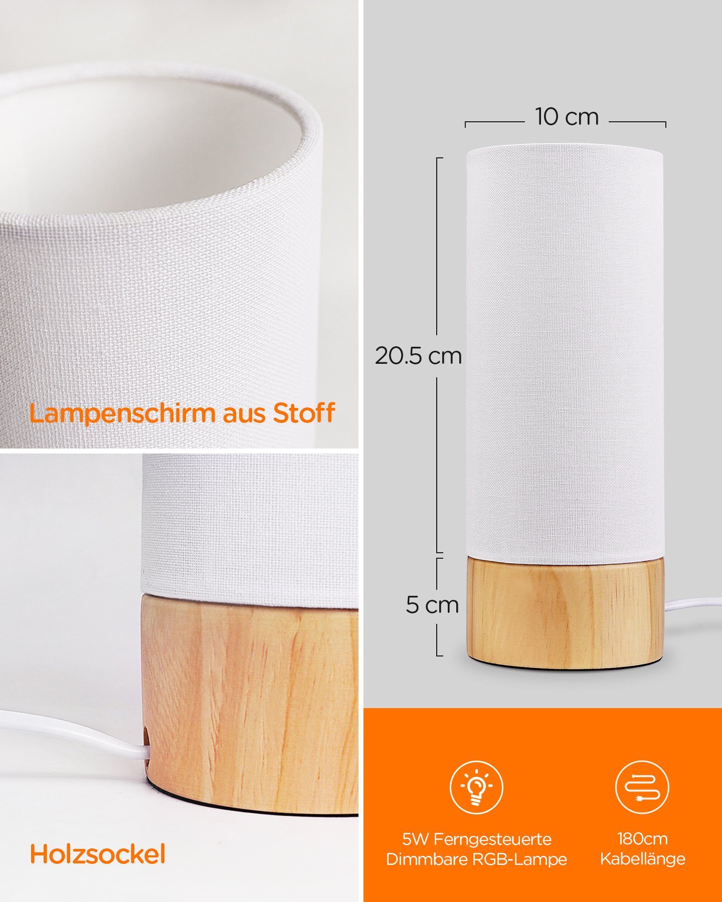 Tischlampe, wechselbar Fernbedienung, RGB Dimmbar LED Holz, aus mit Tomons Nachttischlampe