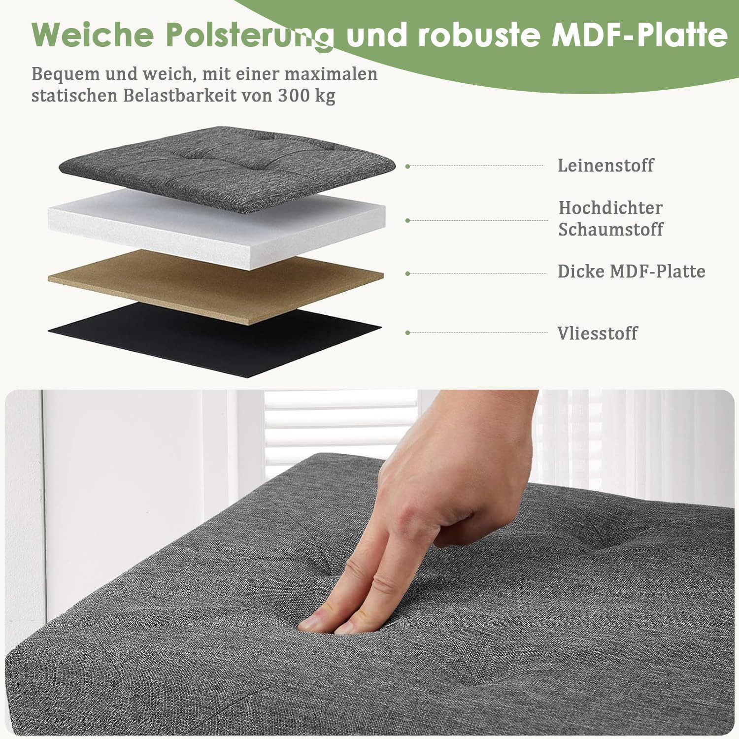 Refined Living Sitzbank Sitzhocker Sitzbank mit Stauraum 76/110 x 38 x 38 klappbare Sitztruhe (Aufbewahrungsbox Ottomane bis 290 kg Aus MDF-Platte und Leinensto – Bild 3 von 5