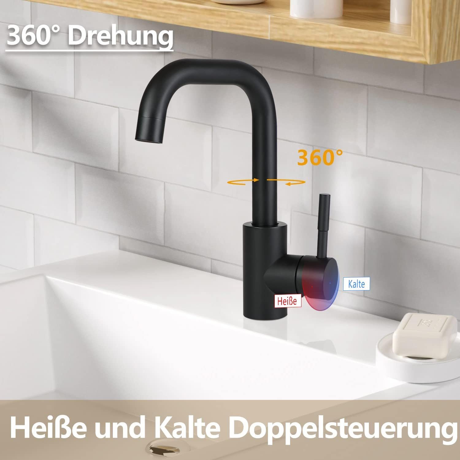 360°Drehbar - Badarmatur) Schwarz Armatur Warmwasserhahn ZMH Kalt- 360°Drehbar Matt (7-St., Küchenarmatur Mischbatterie
