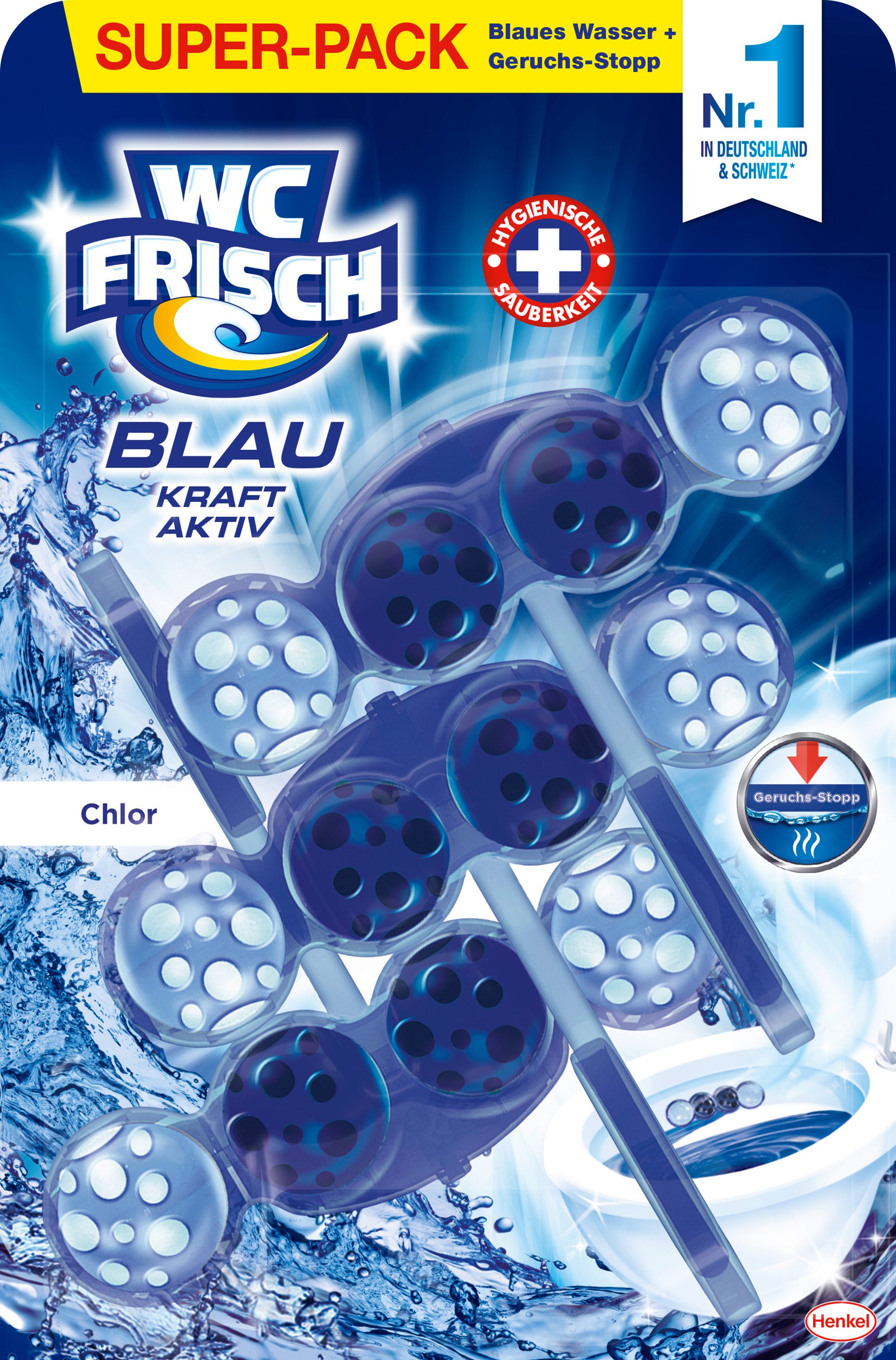 WC Frisch WC FRISCH Kraft-Aktiv Blauspüler Chlor WC Duftstein 150g WC-Reiniger (3-St. mit innovativer Geruchs-Stopp-Formel für extra Frische & sichtbare Reinigung)