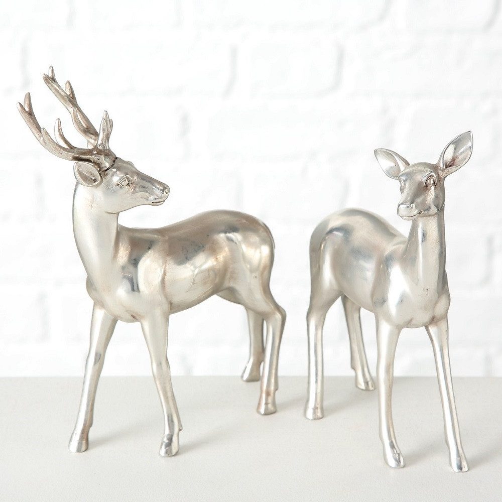 BOLTZE GRUPPE GmbH Weihnachtsfigur Reh und Hirsch Kunstharz stehend silberTischdeko Weihnachten 2er Set