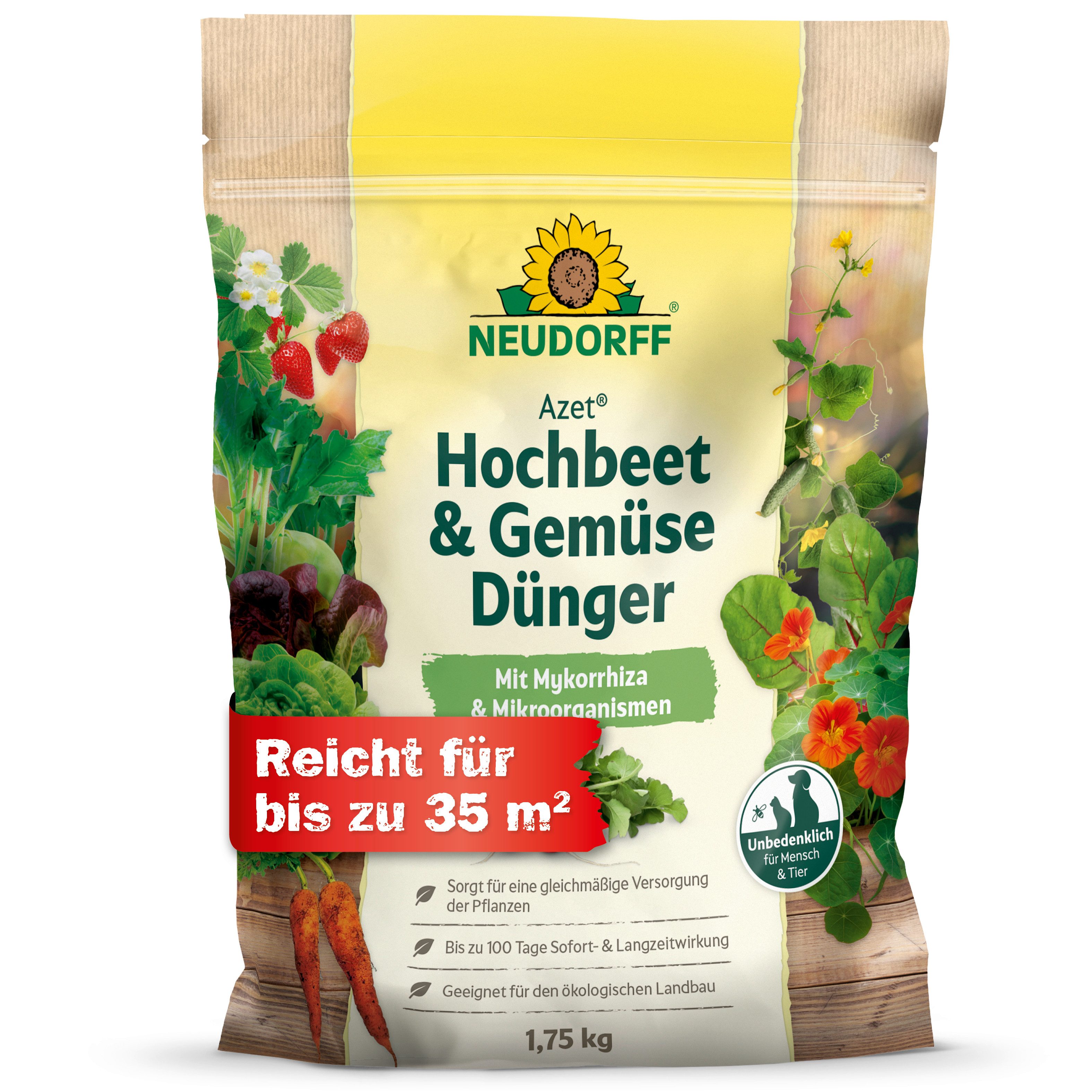 Neudorff Gemüsedünger Azet Hochbeet-und GemüseDünger 1,75 kg für 35m², Einzelartikel, Für kräftige Pflanzen und aromatisches Gemüse im Hochbeet, Mit Mykorrhiza, Mikroorganismen und bis zu 100 Tagen Wirkung
