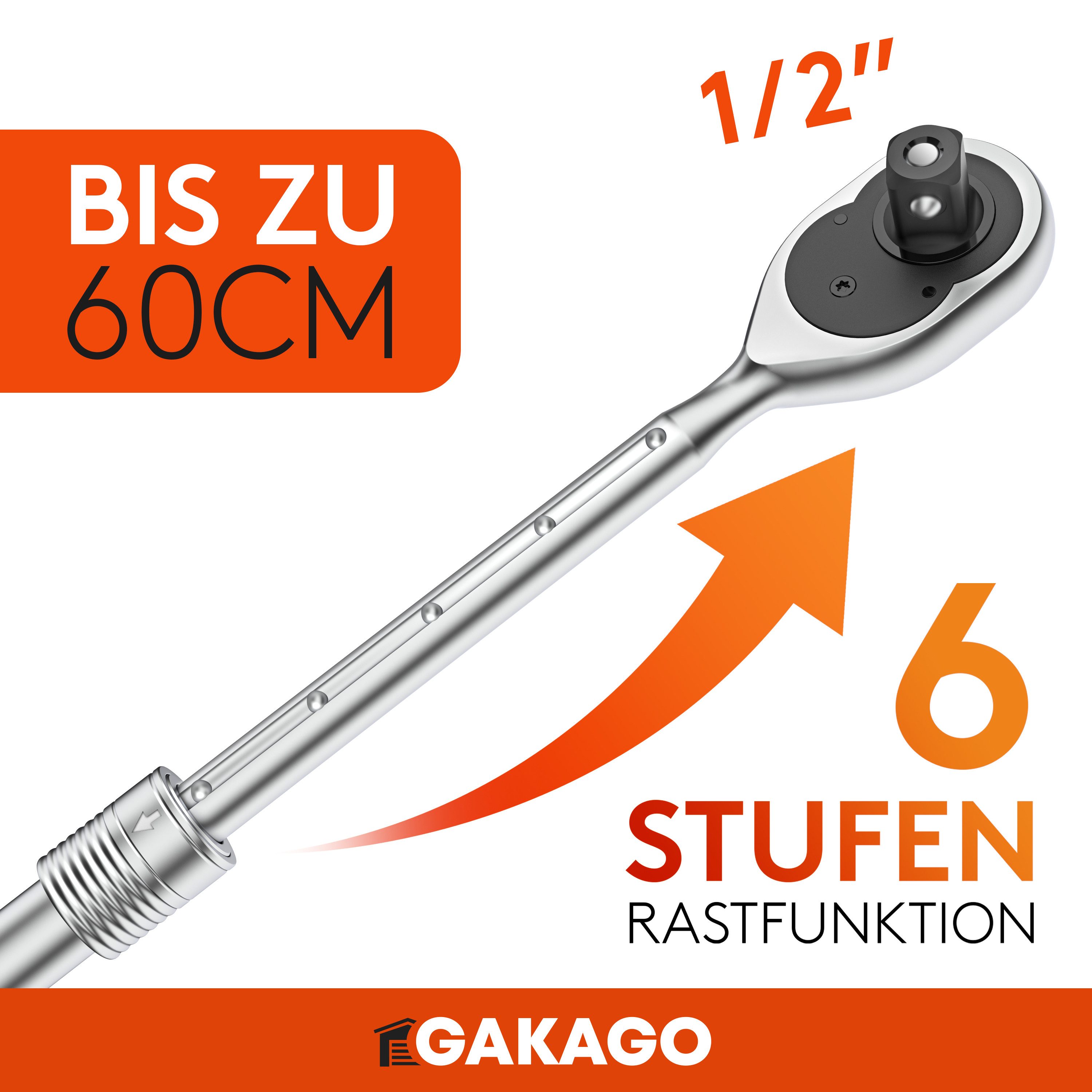 Gakago Telescopic Ratchet (1/2 inch up to 60cm, - Extra long reversible ratchet with ergonomic handle), - Superior power with over 615 Nm and precise 72 fine-tooth gears