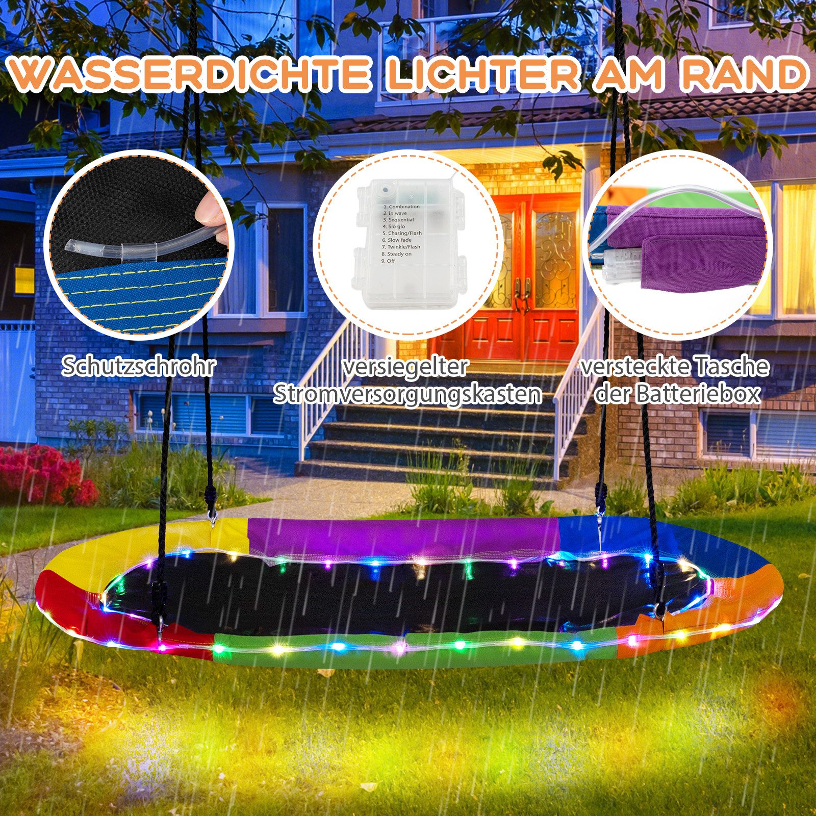 KOMFOTTEU Nestschaukel, Hängeschaukel Kinderschaukel mit LED-Lichtern bis 150 kg Belastbar