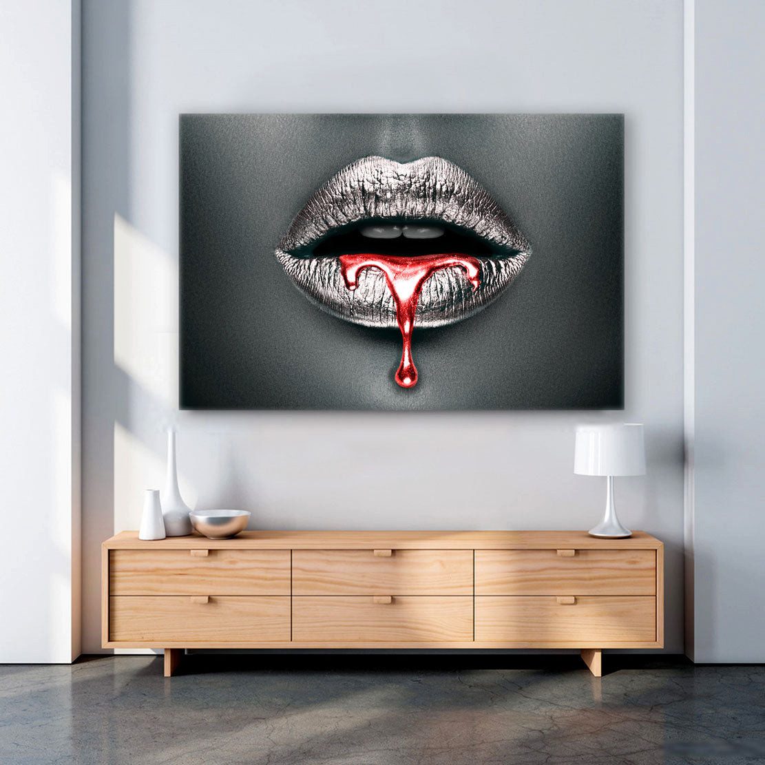 Artedinoi Leinwandbild Silberne Lippen roter Tropfen Leinwandbild Wandbild Deko XL, Gesicht mit silbernen Lippen