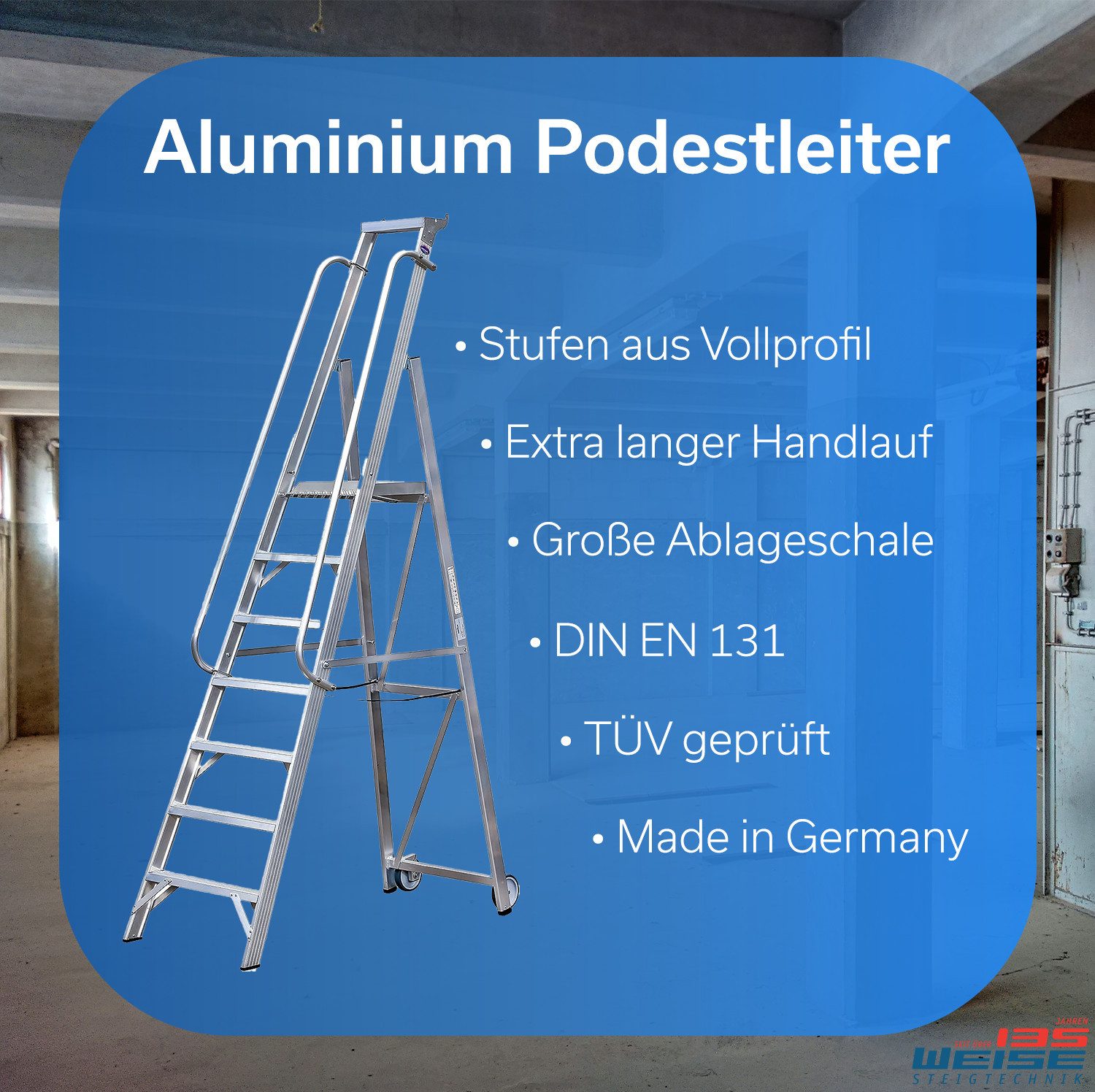 Weise Steigtechnik Arbeitsplattform Leiter mit Rollen, klappbare Sicherheitsleiter (5 Stufen), Rutschfeste Stufen, Spreizsicherung, breite Leiter große Alu-Ablage XL