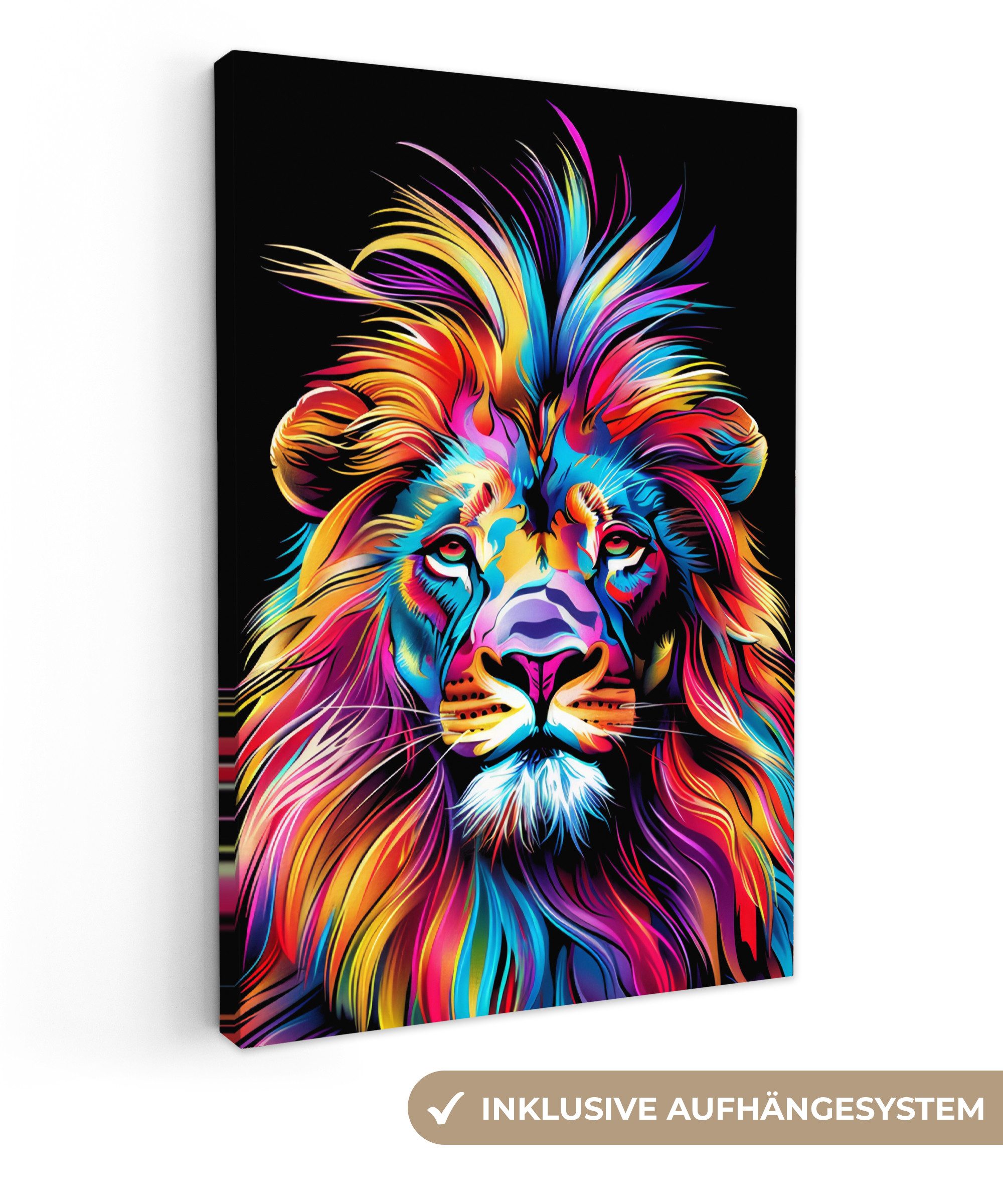 OneMillionCanvasses® Leinwandbild Löwe - Farbenfroh - Schwarz - Tiere, Fotodruck (1 St), Leinwand Canvas Wandbild, Wanddekoration 20x30 cm