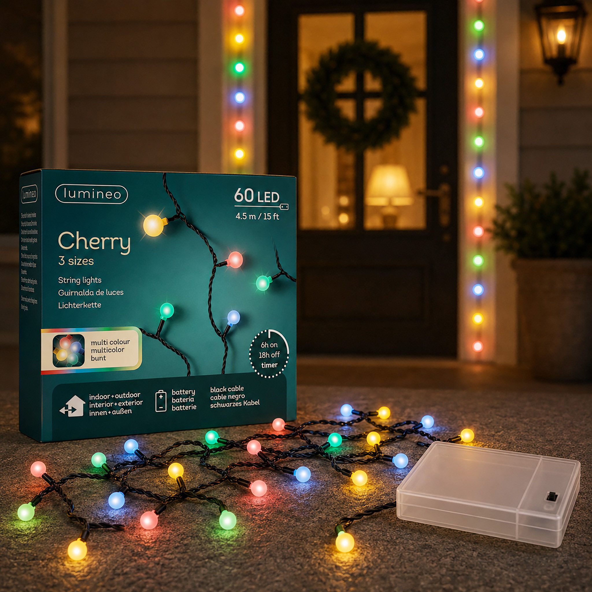 Lumineo LED-Lichterkette, LED Lichterkette Cherry 4,5m Batterie 60 LEDs Bunt / Schwarz