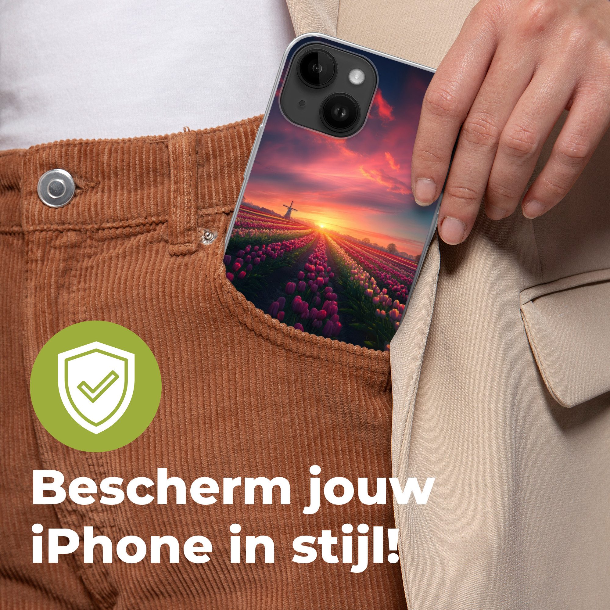 MuchoWow Handyhülle für Apple iPhone 14 Windmühle - Sonnenuntergang - Landschaft, Smartphone-Bumper, Print, Handy Schutzhülle Dünn