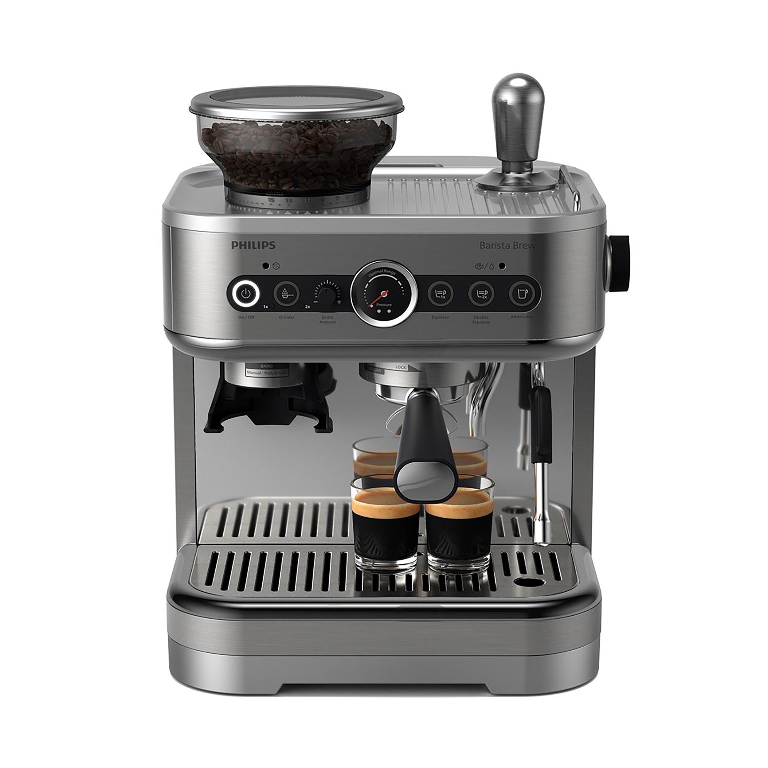 Philips Espressomaschine PSA3218/01 Barista Brew, halbautomatisch, mit 250-g-Bohnenbehälter, Korbfilter, Siebträger und Milchkanne aus Edelstahl, Silber