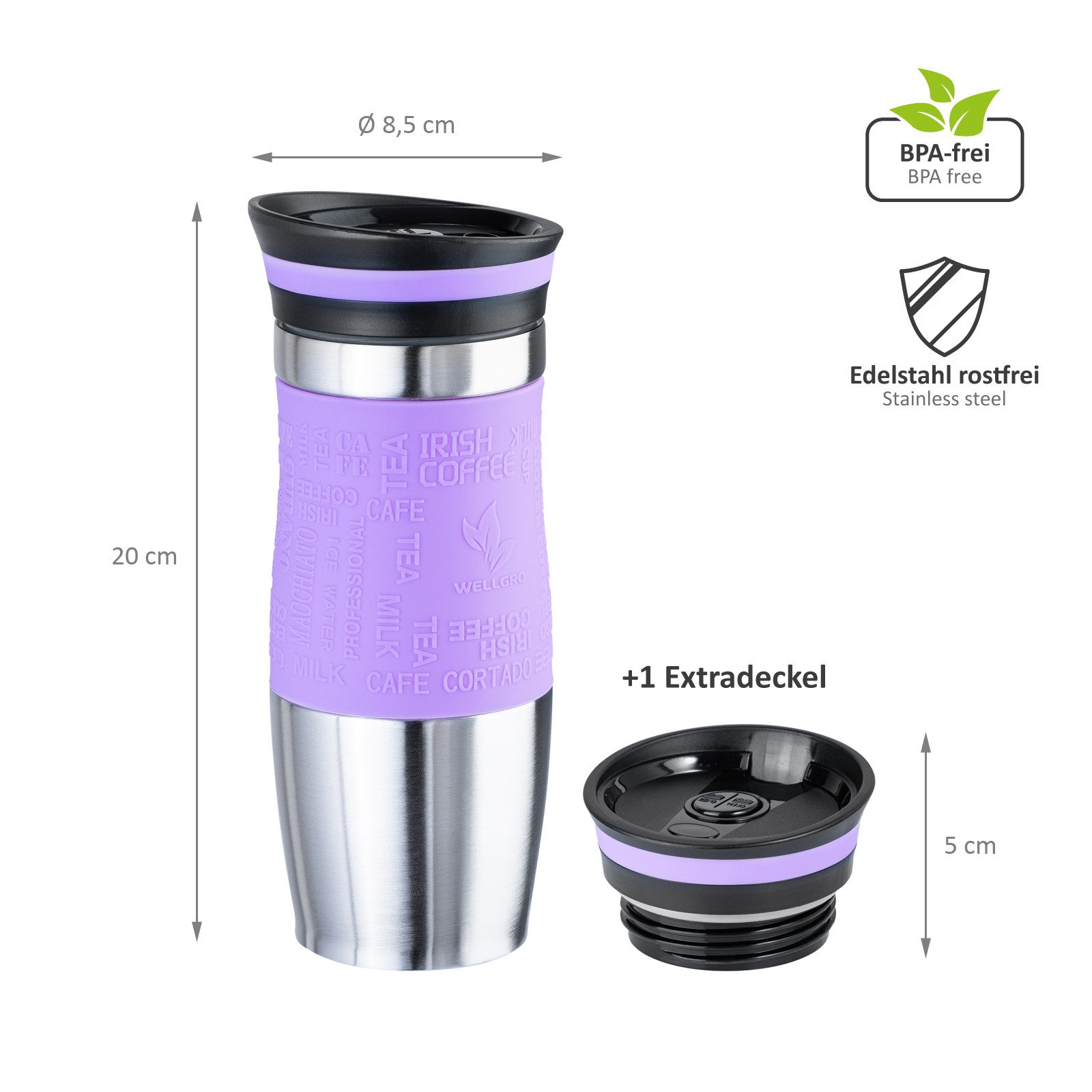 Wellgro Thermobecher Thermobecher 400 ml inklusive 1 Extradeckel