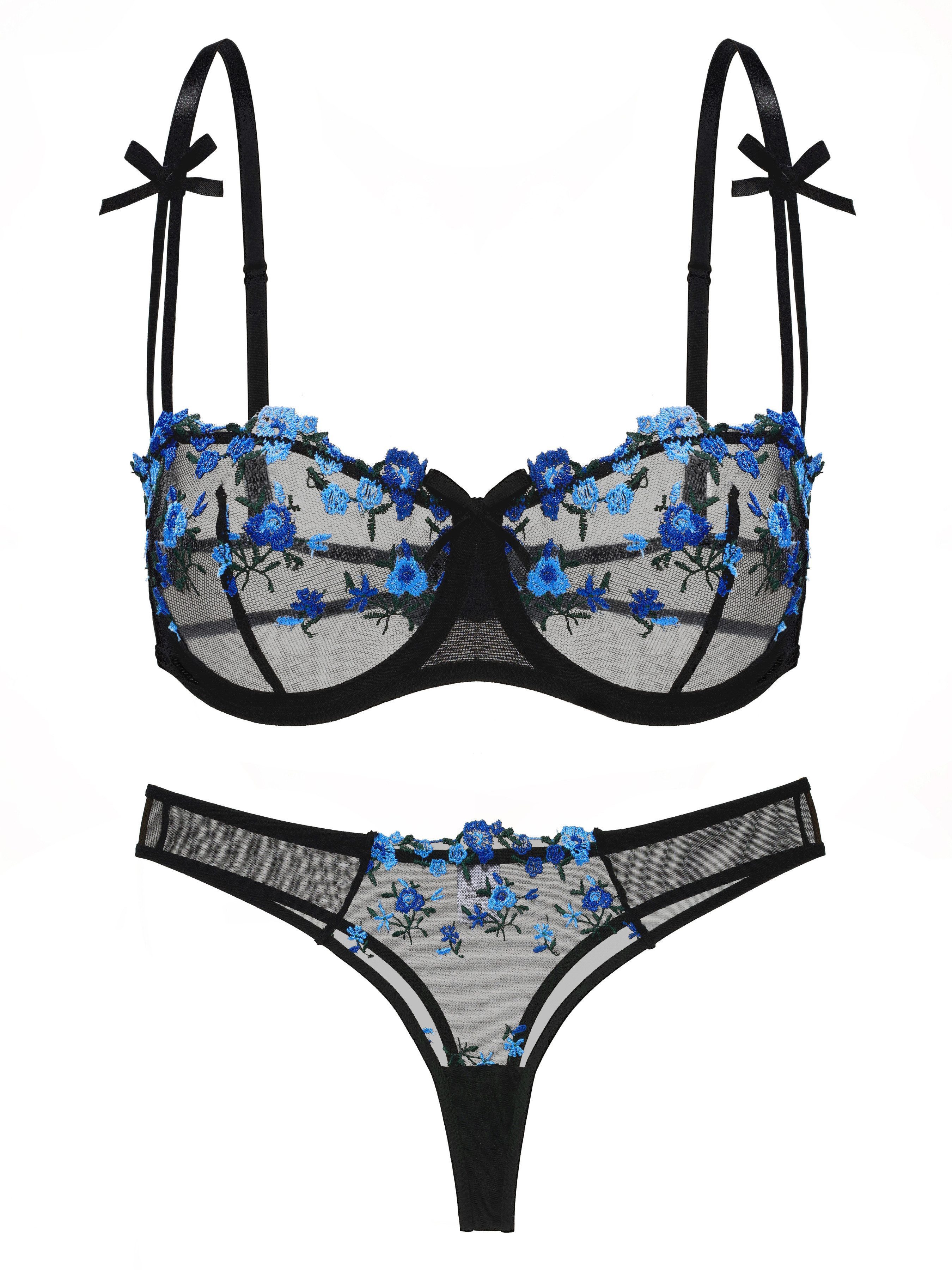 Elegant Love Set: Bügel-BH Sexy Dessous Set für Damen, bestickter BH & Tüll-Tanga (Set, 2-tlg., mit Panty) elegantes Lingerie mit String, Unterwäsche, Blumenmuster BH-Set