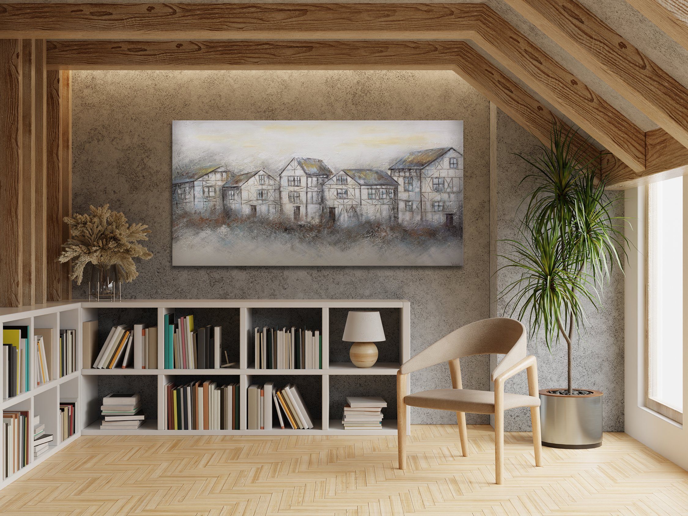Handgemalt Bild Leinwand Dorfleben Straße, Architektur, Fachwerkhaus Ruhige Gemälde Alte YS-Art Häuser
