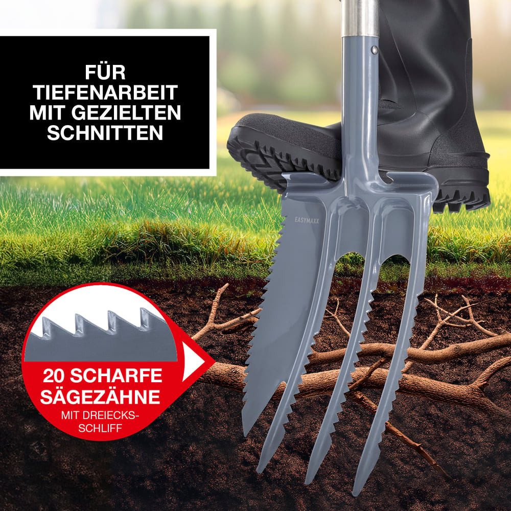 EASYmaxx Spaten Spatengabel 114cm schwarz/rot/grau mit Wurzelsäge, (1-St), Gartenschaufel & Gartenspaten - clevere Trittkanten - graben & sägen