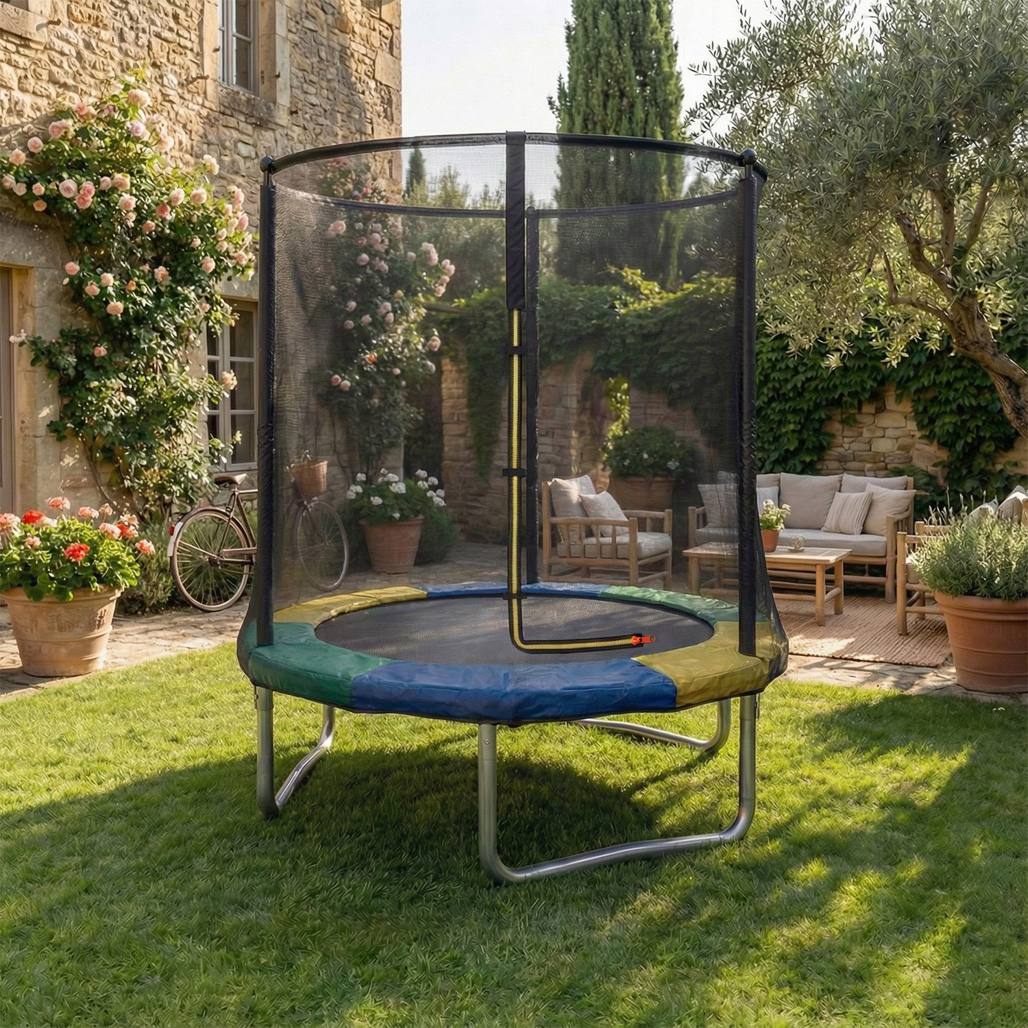 GUNJI Gartentrampolin 183/222/290/360 cm Kindertrampolin für den Garten, Ø 183 cm, (Ausgestattet mit Sicherheitsnetz, Trampolin und Leiter; Tragkraft 150 kg)