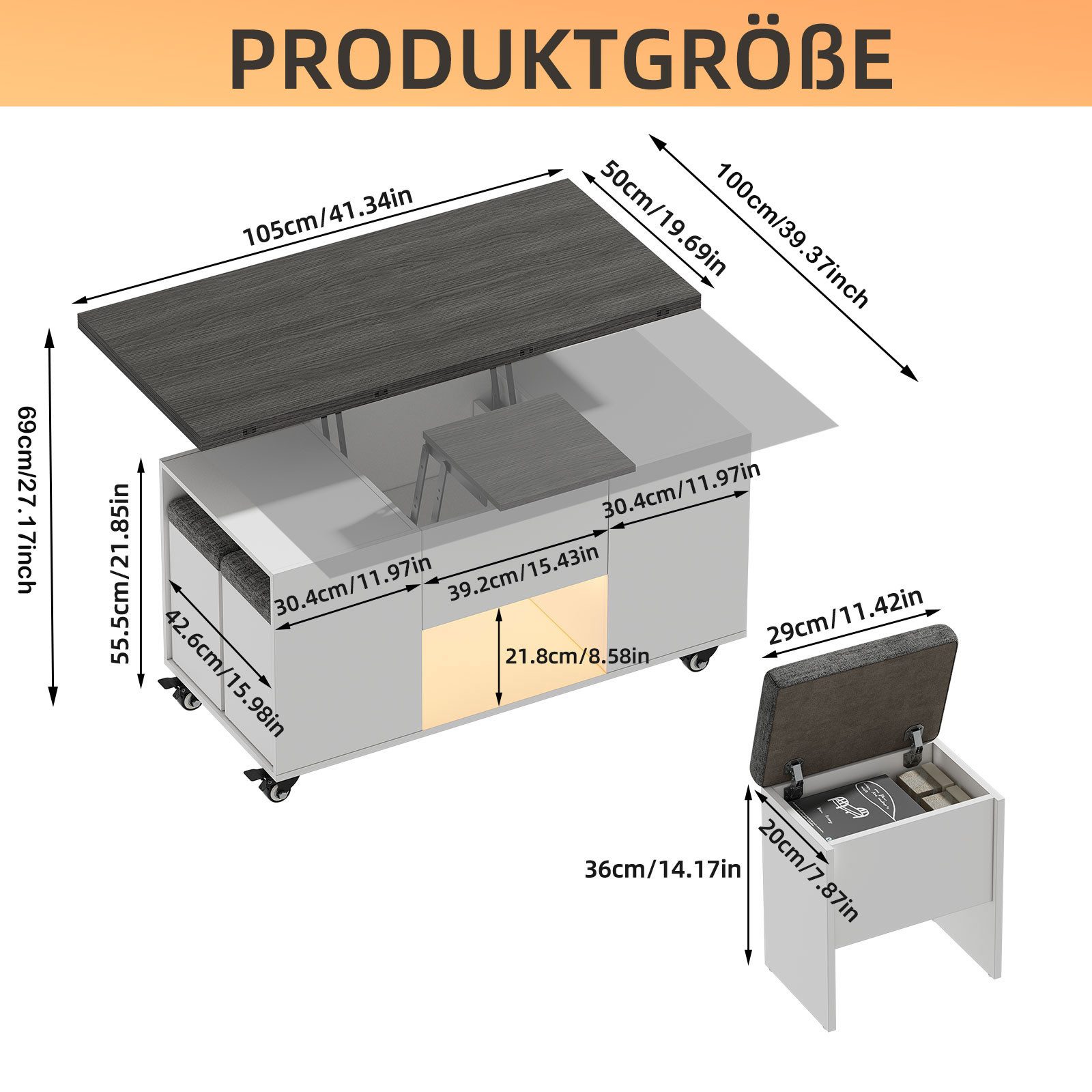 TWSOUL Couchtisch Ausziehbar Platte und höhenverstellbar mit Stauraum 4 Hoc günstig online kaufen