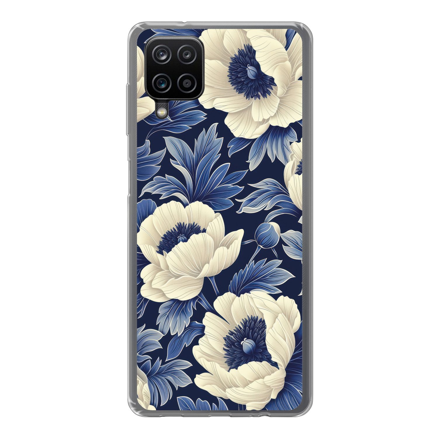 MuchoWow Handyhülle für Samsung Galaxy A12 Blumen - Muster - Blau - Weiß, Smartphone-Bumper, Print, Handy Schutzhülle Dünn