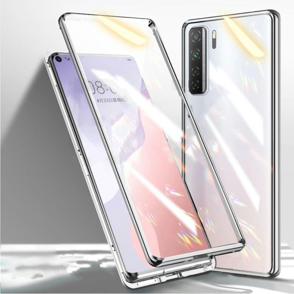 Wigento Handyhülle »Beidseitiger 360 Grad Magnet / Glas Case Hülle Handy  Tasche Bumper Silber für Huawei P40 Lite 5G«