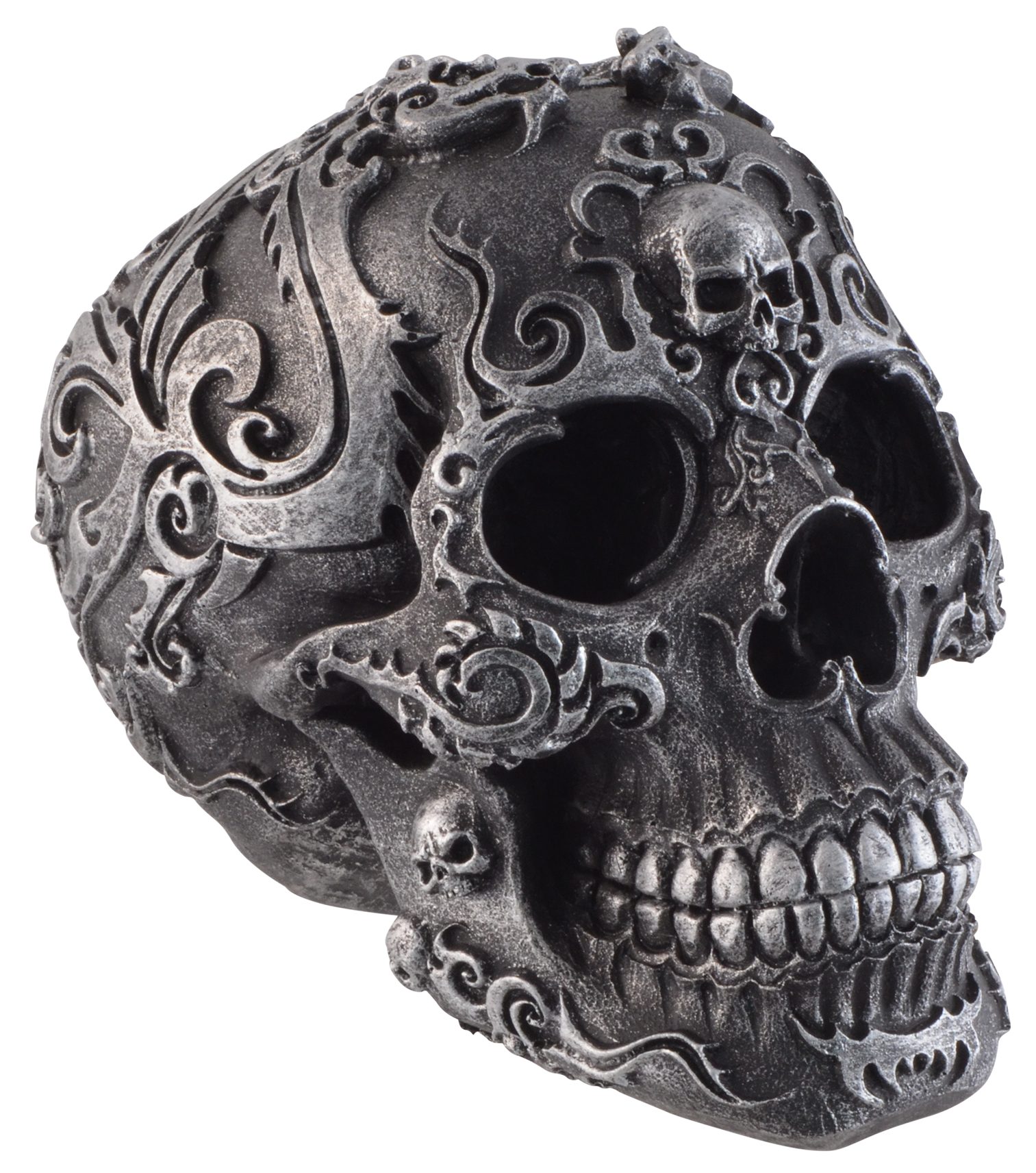 Vogler direct Gmbh Dekofigur "Gothik Skull" schwarzer Schädel mit silbernen Symbolen verziert, aus Kunststein, Größe: LxBxH ca. 12x17x13 cm