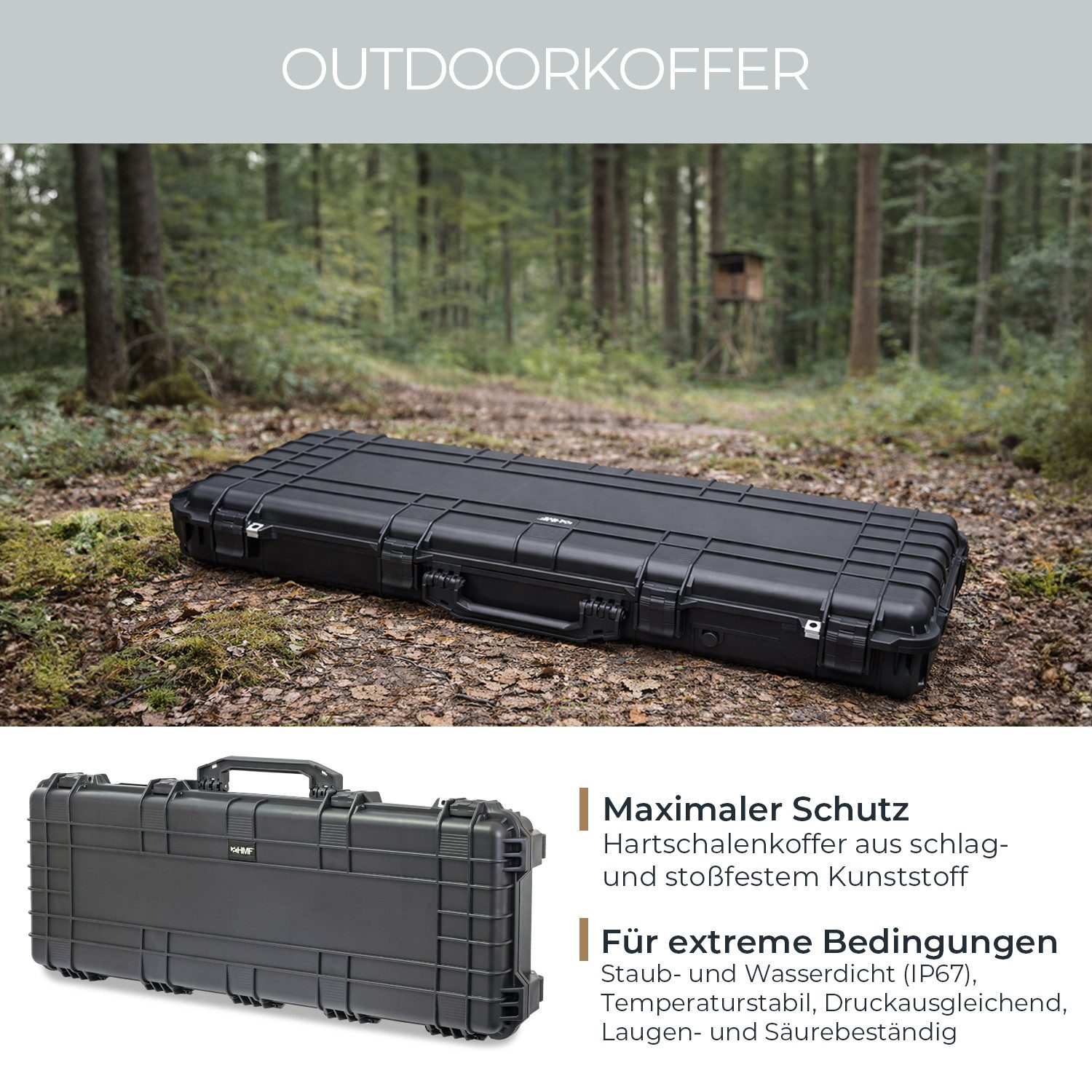 HMF Transportbehälter vielseitiger Transportkoffer, robuster Outdoorkoffer, Rasterschaumstoff, 113 x 42 x 16,5 cm, schwarz