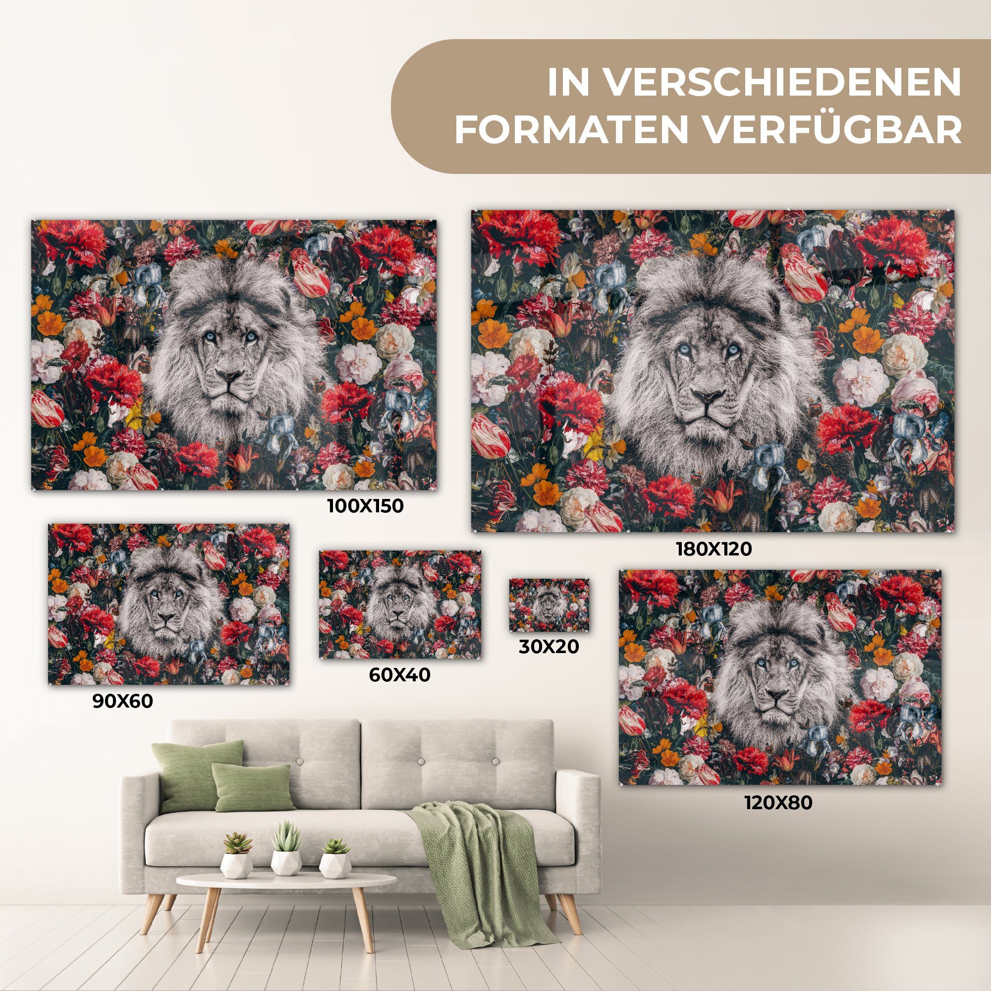 Weiß, MuchoWow - Glas - auf Foto Acrylglasbild Wandbild Blumen Wanddekoration - Glasbilder - Bilder auf - - St), Schwarz (1 Glas Löwe