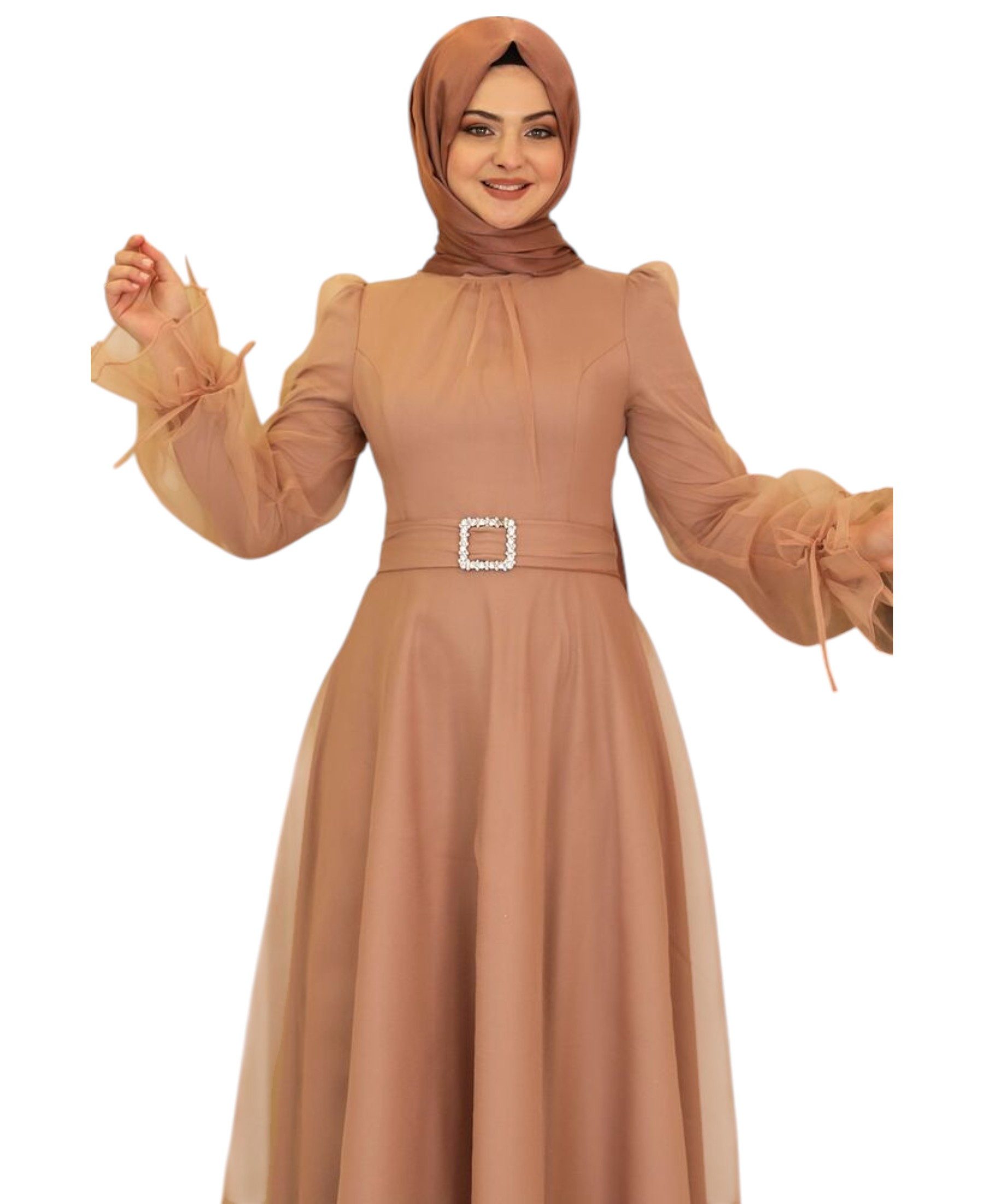 Modavitrini Abendkleid Damen Tüll Maxikleid Langarm – Festkleid mit Gürtel Modest Fashion Gürtel mit Schmucksteinen