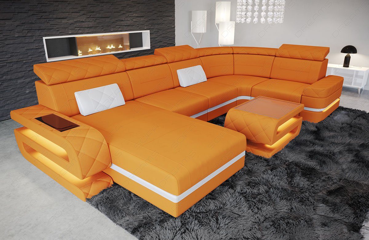 Sofa Dreams Wohnlandschaft Polster Sofa Couch Stoff Bologna U Form Stoffsofa, Mikrofaser, mit LED, ausziehbare Bettfunktion, USB-Anschluss, Designersofa