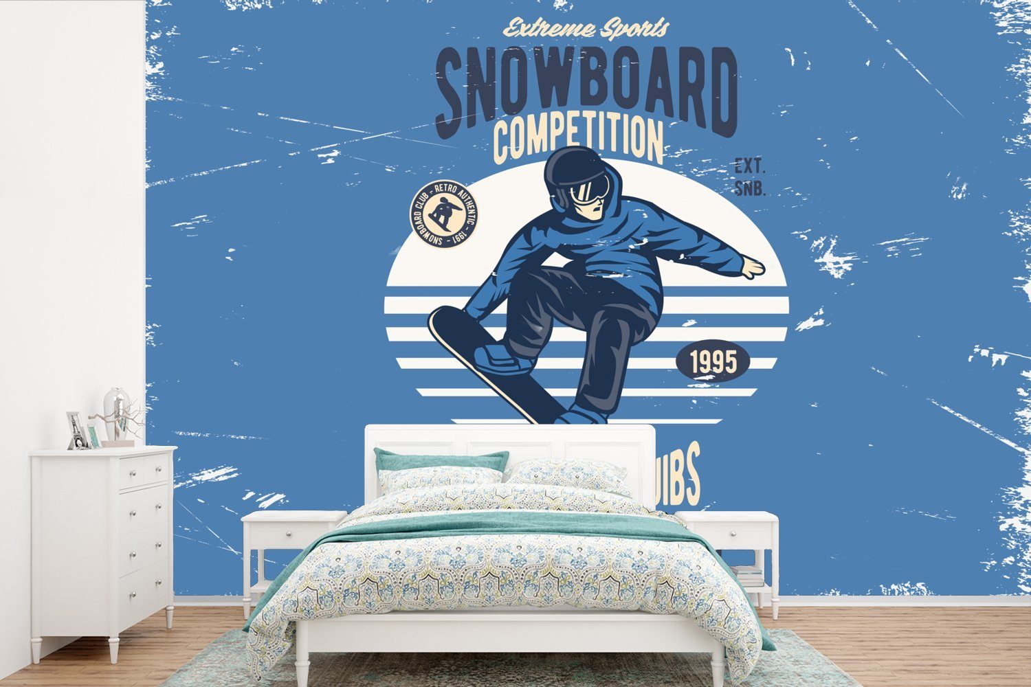 MuchoWow Fototapete Snowboard - Mann - Vintage, Matt, bedruckt, (6 St), Wallpaper für Wohnzimmer, Schlafzimmer, Kinderzimmer, Vinyl Tapete