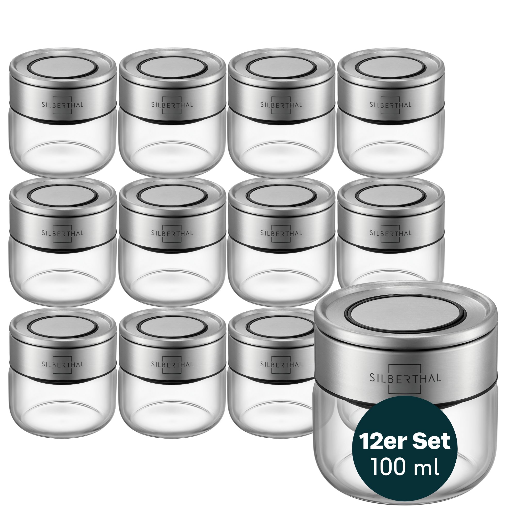 SILBERTHAL Gewürzbehälter Gewürzglas 12er Set 100 ml mit Klickdeckel, Glas, Edelstahl, (12er Set, 12-tlg), Luftdicht & Mottensicher