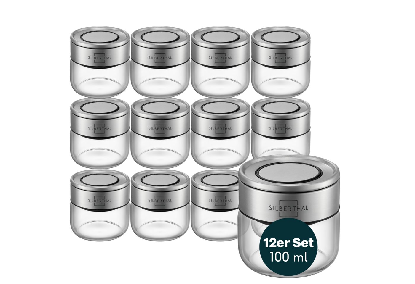 SILBERTHAL Gewürzbehälter Gewürzglas 12er Set 100 ml mit Klickdeckel, Glas, Edelstahl, (12er Set, 12-tlg), Luftdicht & Mottensicher