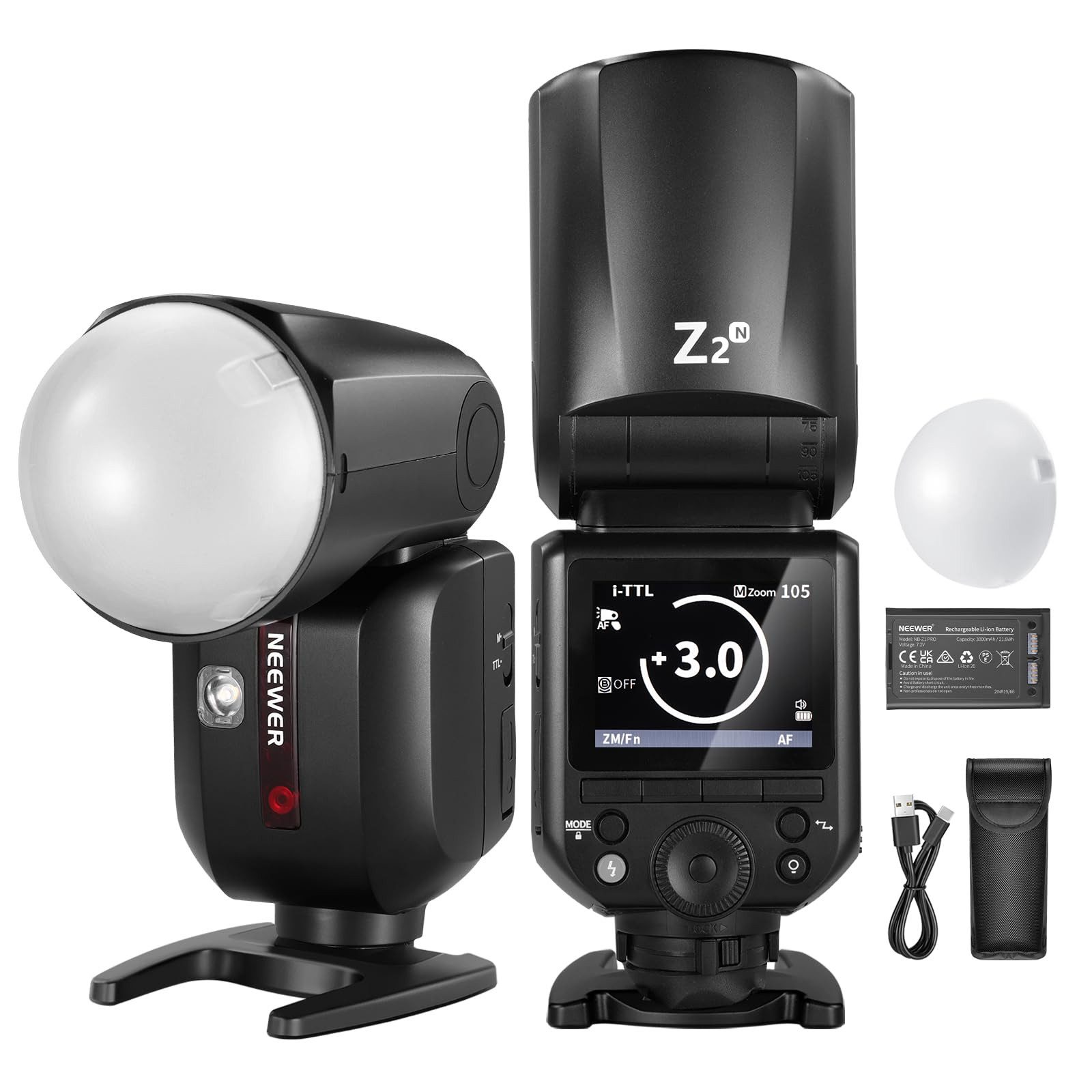 Neewer Z2-N TTL Rundkopfblitz 2,4G HSS 3000mAh Nikon-kompatibel Aufsteckblitz, (TTL/M Modus Schalter)