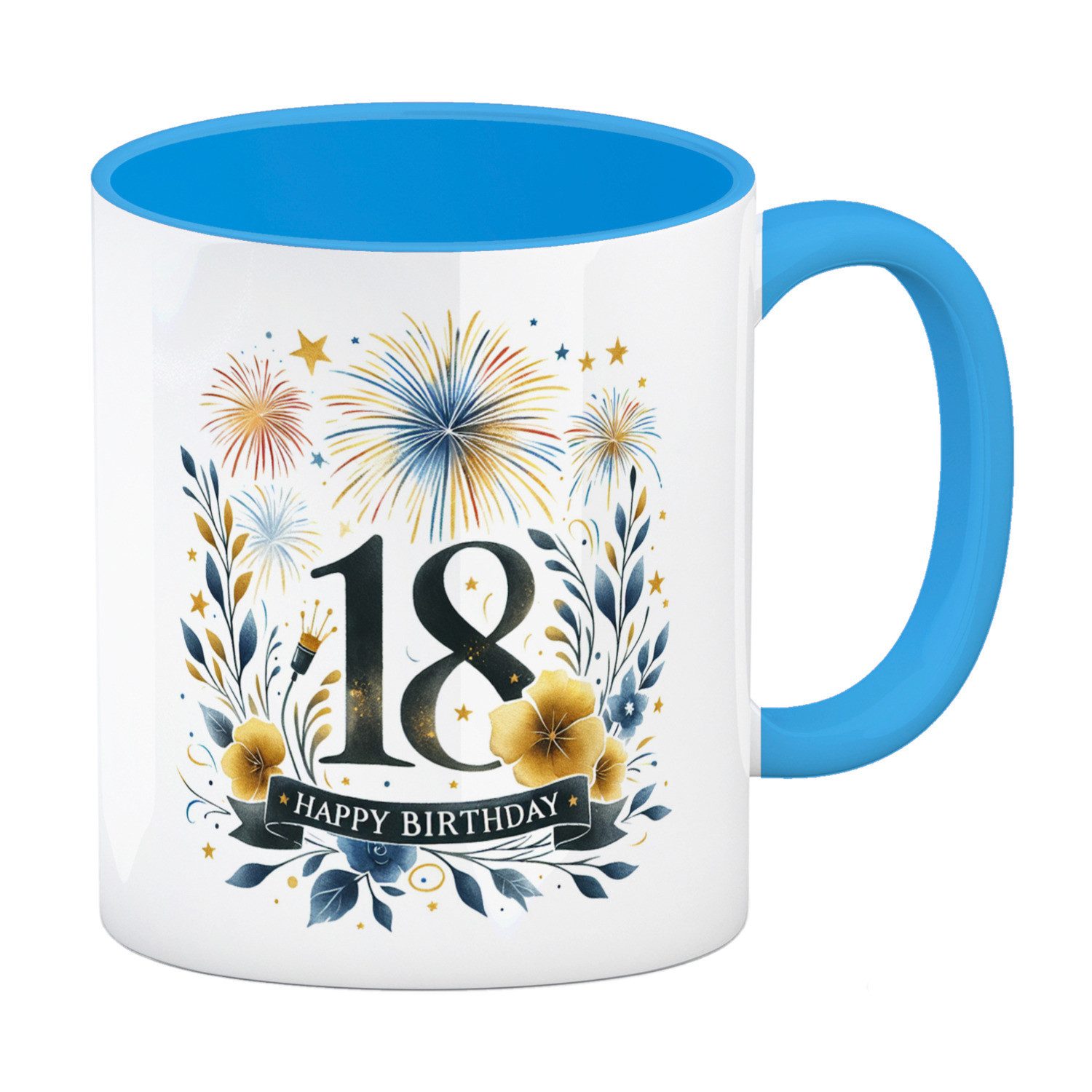Tasse 18. Geburtstag Kaffeebecher in hellblau mit Spruch Happy Birthday 18
