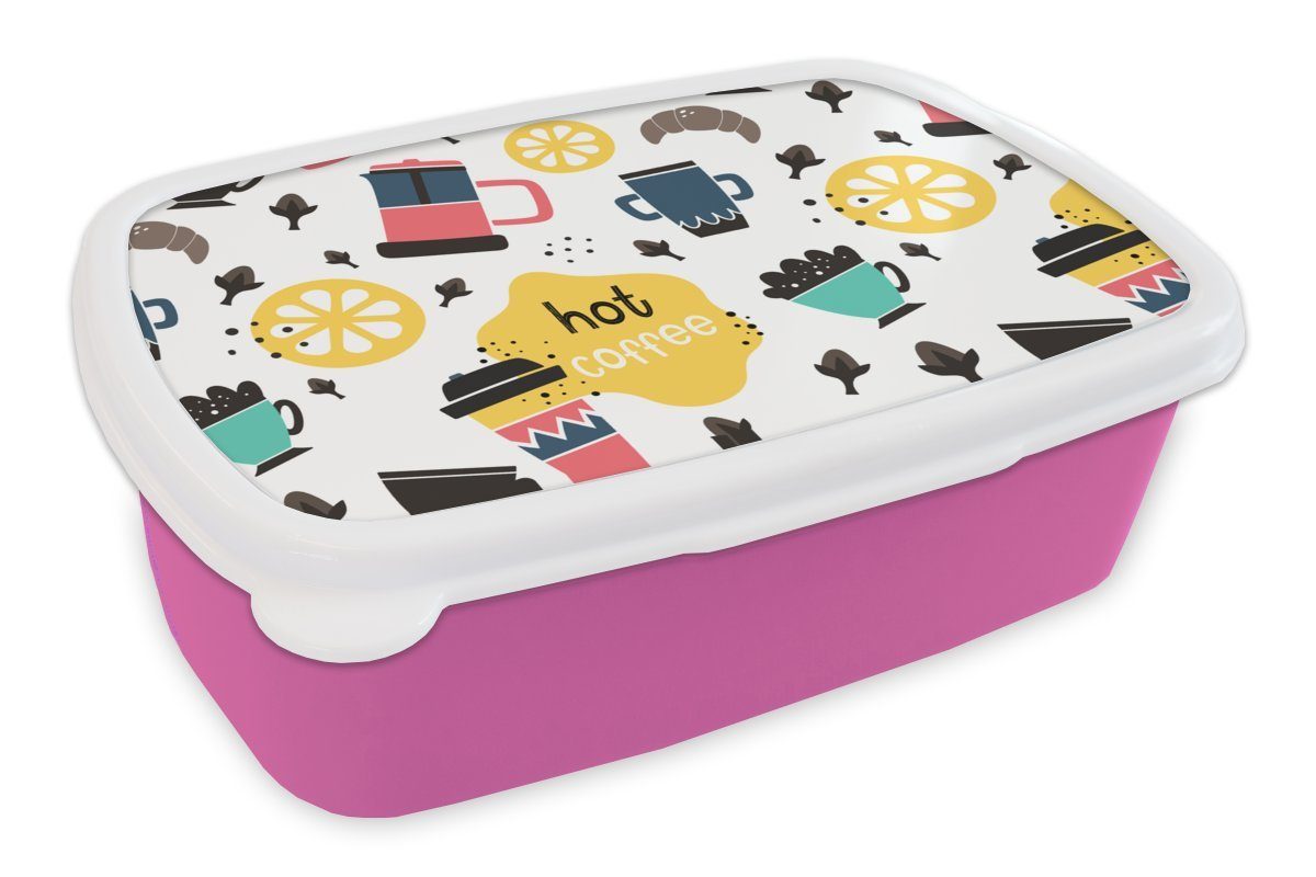Kunststoff, - - Erwachsene, Brotdose Croissant, - Kaffee Kinder, Mädchen, Frühstück für Brotbox (2-tlg), Kunststoff rosa Snackbox, MuchoWow Muster Lunchbox