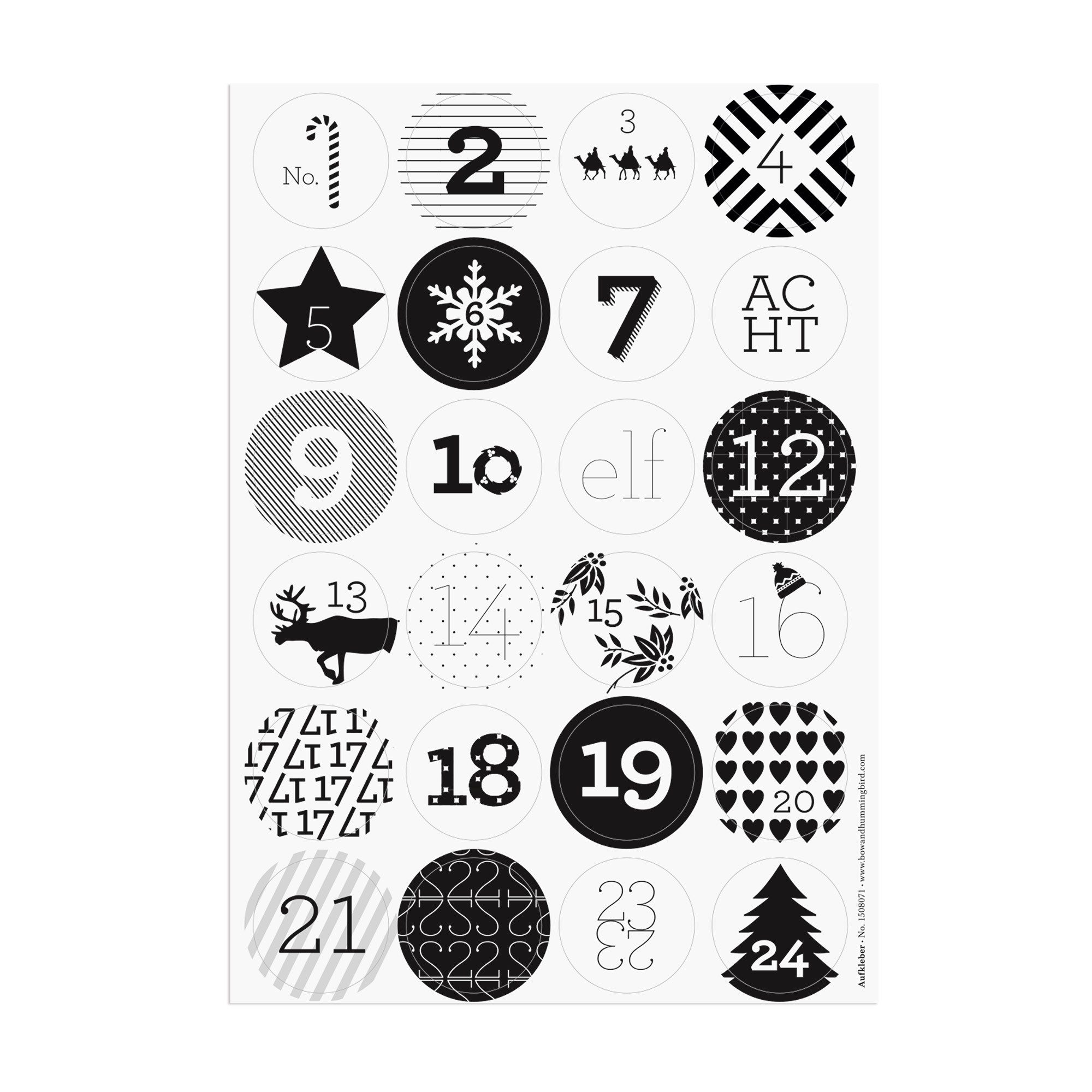 Bow & Hummingbird Adventskalender Aufkleber 24 Sticker Adventskalender Schwarz/Weiß