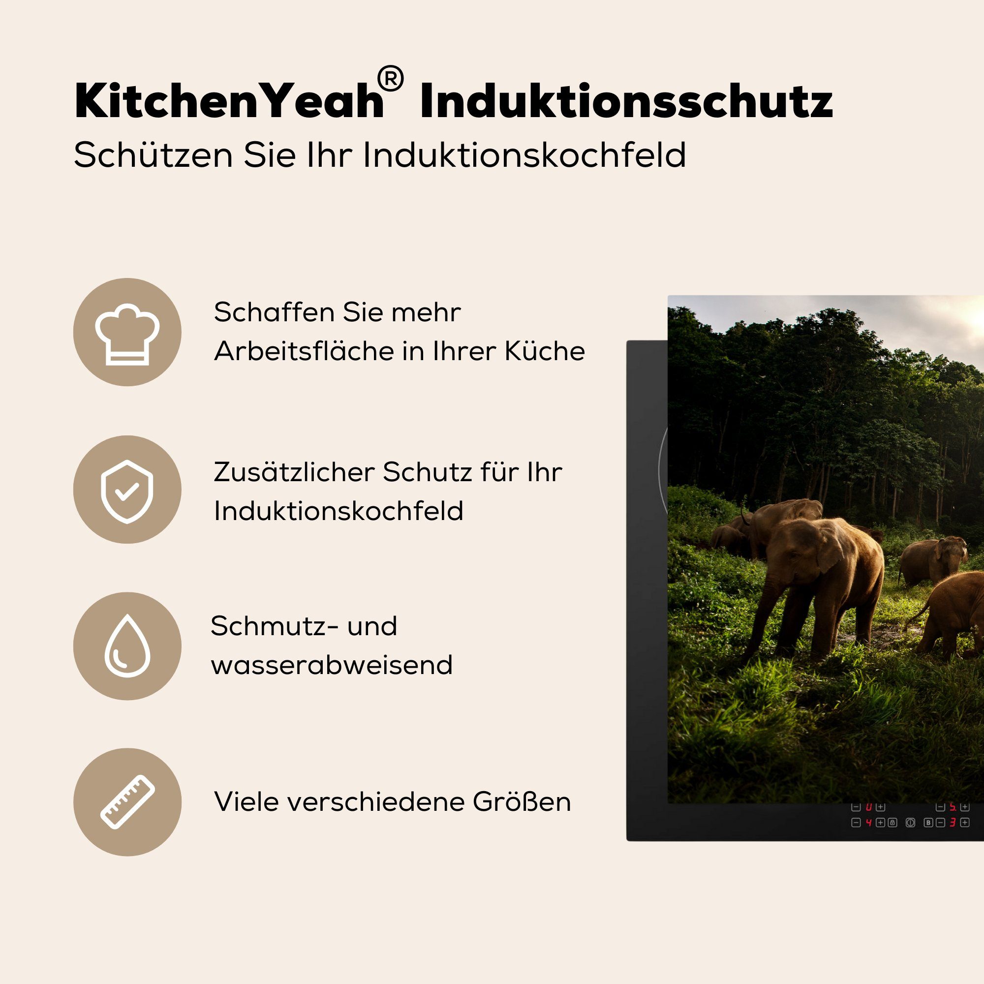 MuchoWow Herdblende-/Abdeckplatte Wald - küche, tlg), Elefanten Induktionskochfeld die Schutz (1 für cm, - Licht, Vinyl, 81x52 Ceranfeldabdeckung