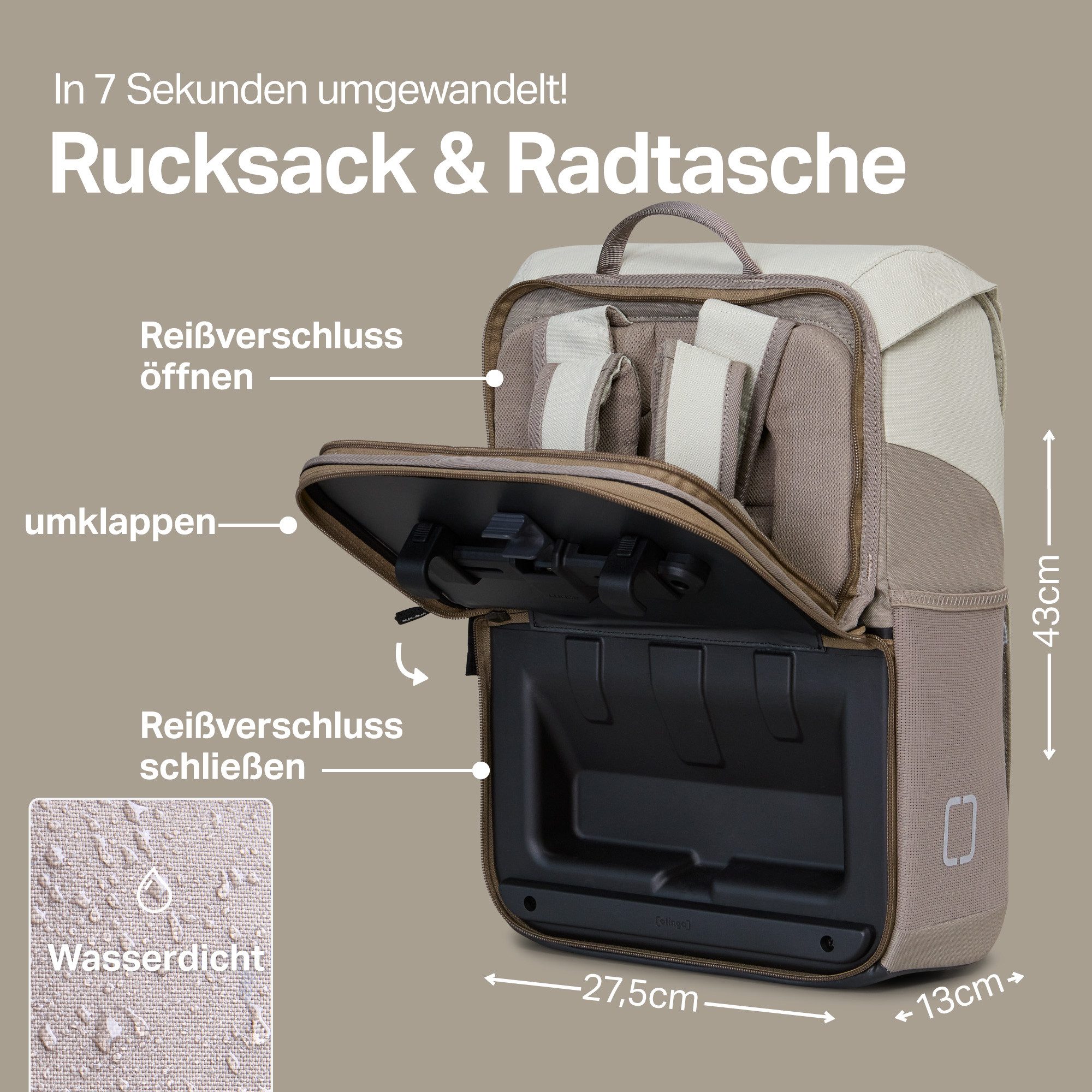 otinga Fahrradtasche Flip Move Fahrradtasche Rucksack Wasserdicht Gepäckträger (19 Liter), 19L Gepäckträgertasche mit Rucksack, Radtasche, in 7 Sekunden umgebaut