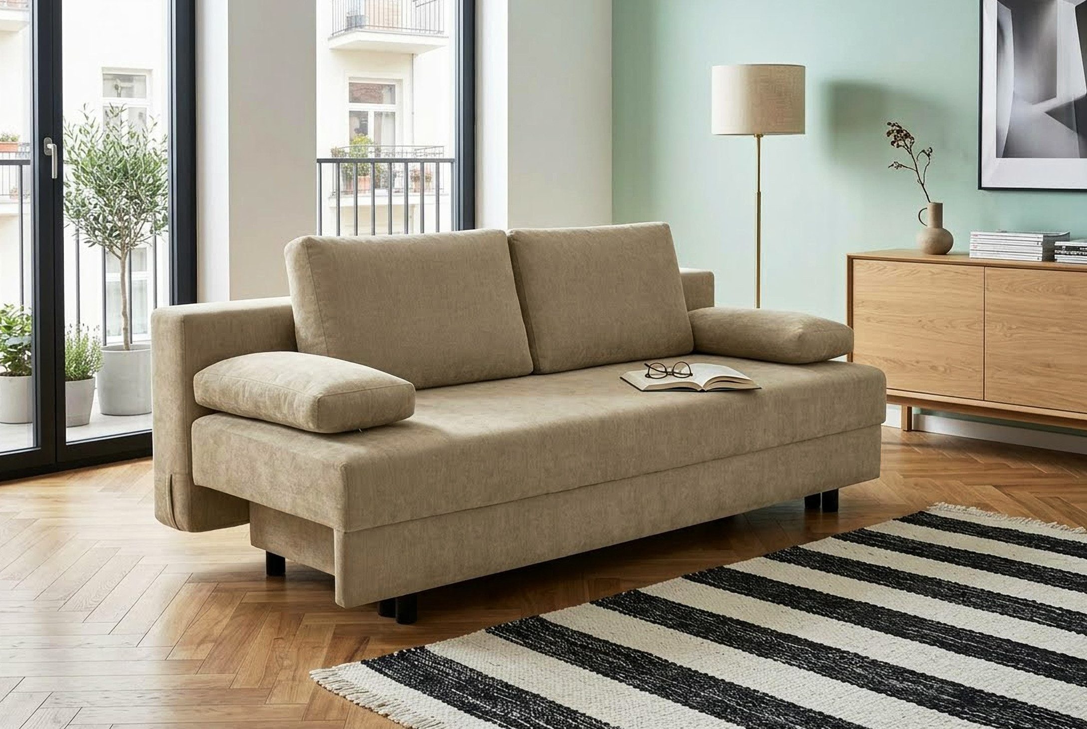OTTO home Schlafsofa ONNIKO, Breite: 192 cm, Liegefläche 121x192 cm, Feinstruktur-Bezug, mit Bettfunktion & Bettkasten