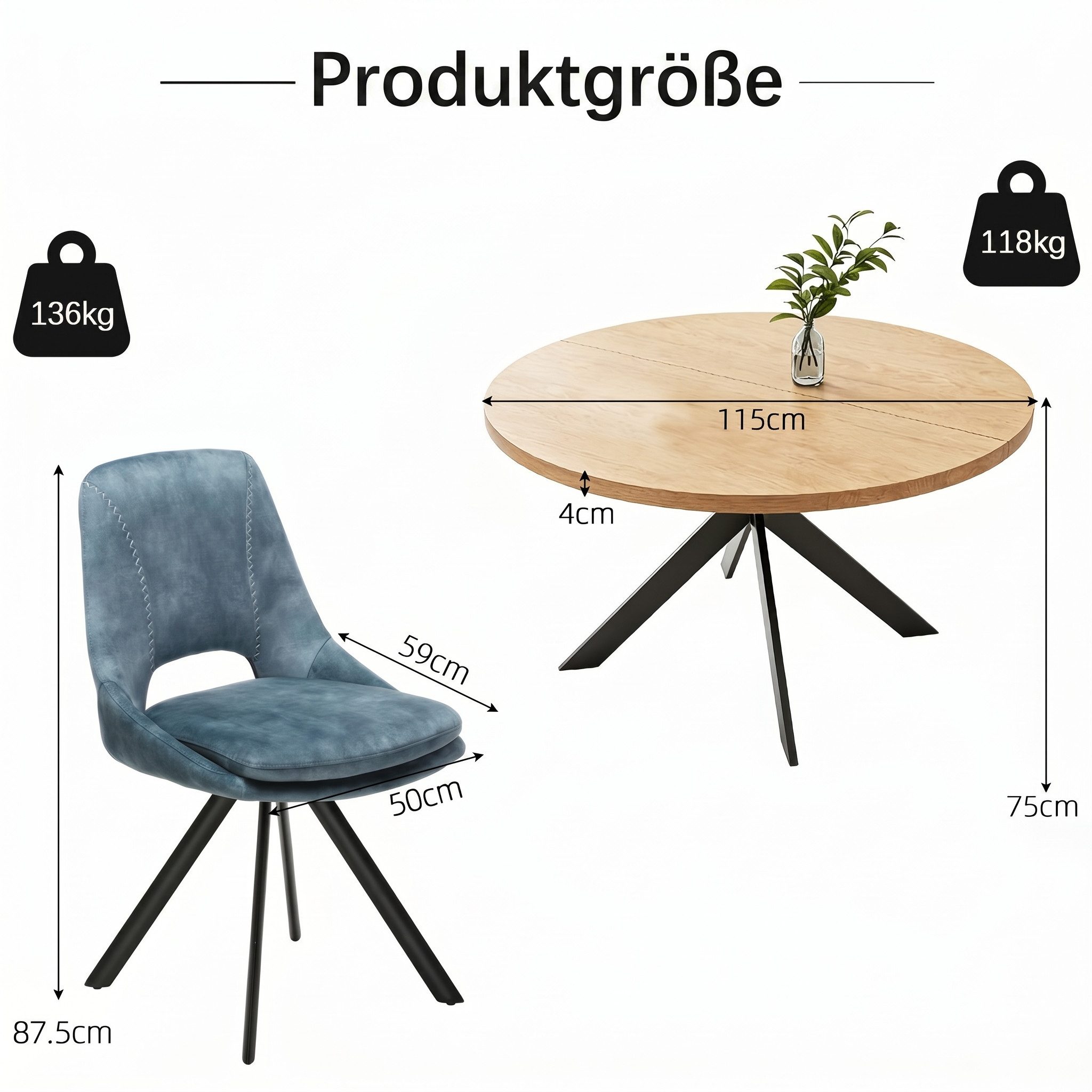 Jiexi Essgruppe Tisch- und Stuhlset, Runder Esstisch (115×75 cm) mit 4 Stühlen