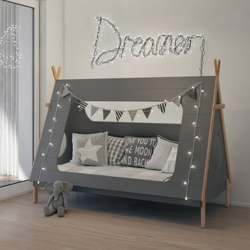 TPFLiving Kinderbett Fryak - Zeltbett mit Rausfallschutz - MDF-Platten/Pinienholz (Hochwertiges Kinderbett mit Lattenrost - Belastbarkeit: 100 kg, 1-tlg., Tipi Bett aus unserer Produktlinie SKANDINAVIA - Farbe grau-natur), MAßE (BxHxT): 215x165x105 cm - Liegefläche: 200x90 cm