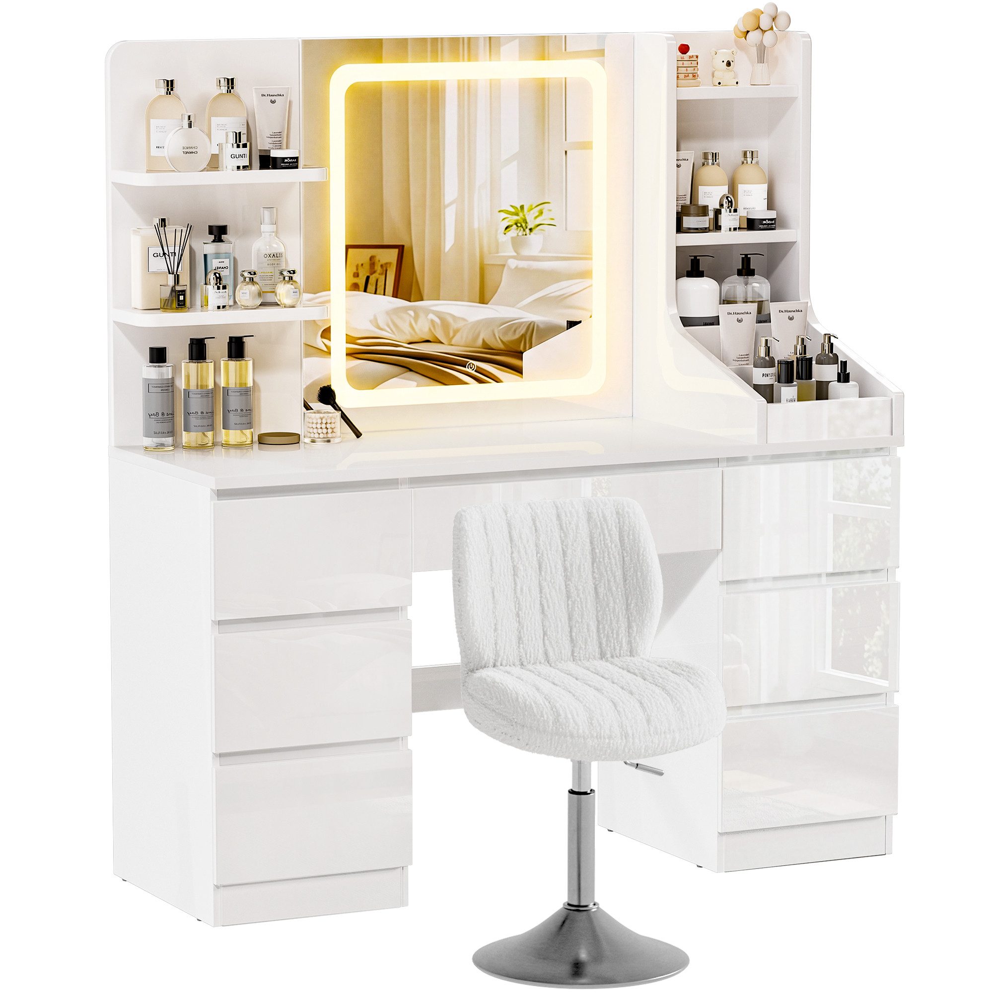 HOMALL Schminktisch LED-Spiegel, 7 Schubladen, 110 cm breit, Aufbewahrungshocker optional (Schminktisch mit dimmbarem LED-Spiegel (3 Farben), 7 Schubladen + 8 Fächer, 110×40×139 cm – 5 Farben (Schwarz/Rosa/Vintage/Weiß/Weiß Hochglanz), Hocker opt., E1-Pla