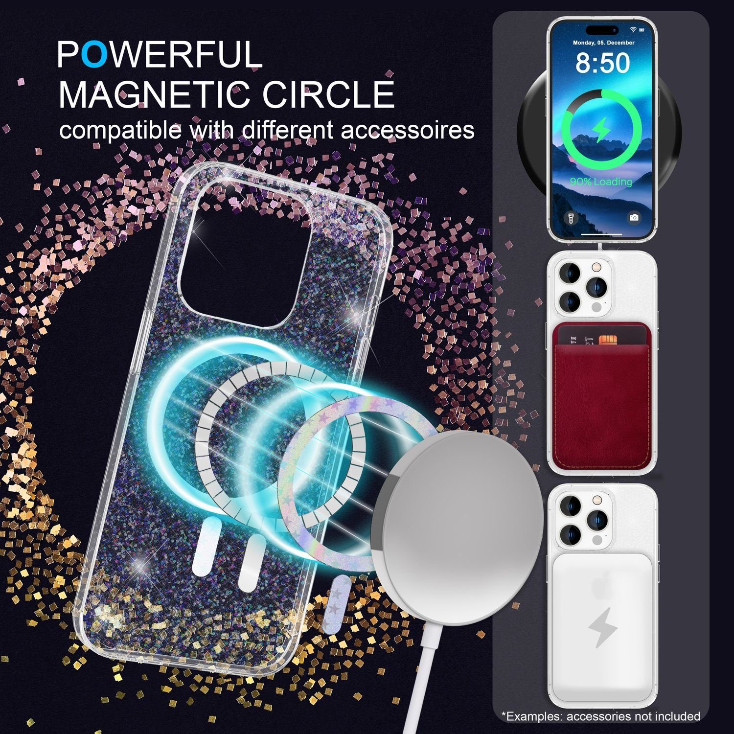 Nalia Smartphone-Hülle Apple iPhone 14 Pro 15,5 cm (6,1 Zoll), Klare Glitzer Hülle / MagSafe Funktion / 2x Schutzglas / Glitter Cover