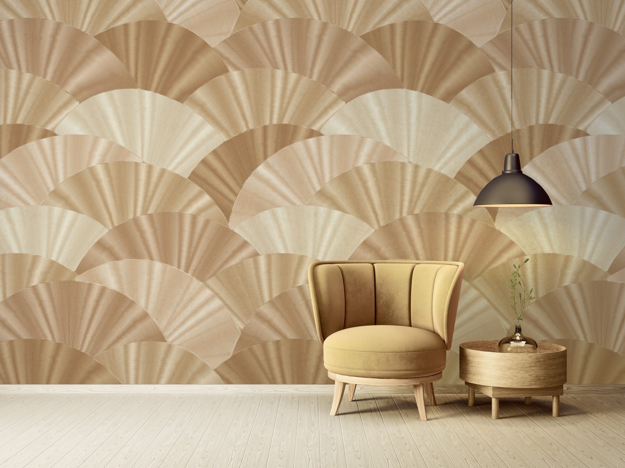 living walls Vliestapete LIMITED – Art-Déco Fächer Fototapete, leicht strukturiert, 3D-Optik, glänzend, geometrisch, (3 St), Geometrisches Fächermuster mit plastischer 3D-Wirkung