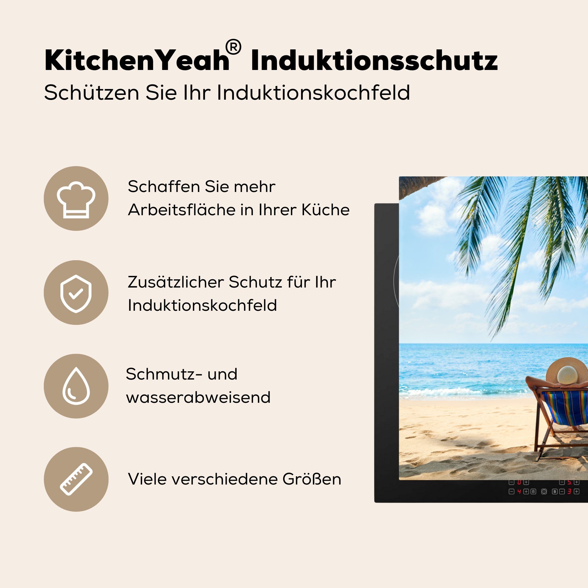 Herdblende-/Abdeckplatte Sommer küche, Induktionskochfeld Schutz cm, 81x52 MuchoWow (1 Ceranfeldabdeckung Strand - die Palmen, tlg), - für Vinyl,