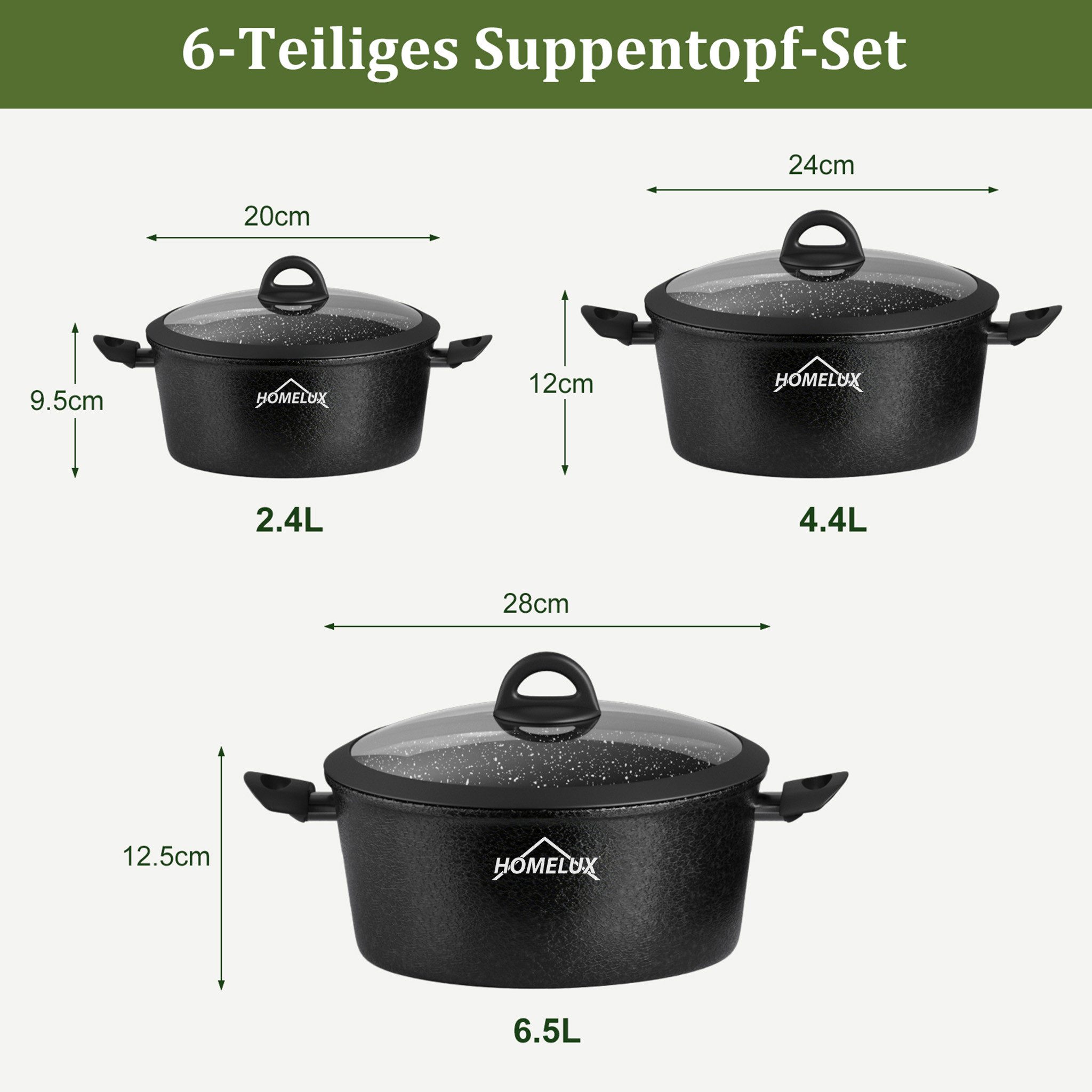Scheffler Topf-Set Induktions Töpfe Set Schwarze Antihaftbeschichtung mit Glasdeckel, Aluminium (Set, 6-tlg., Ø20 2,4L/Ø24 4,4L/Ø28 6,5L Töpfe Set mit Glasdeckel), Induktionsgeeignet