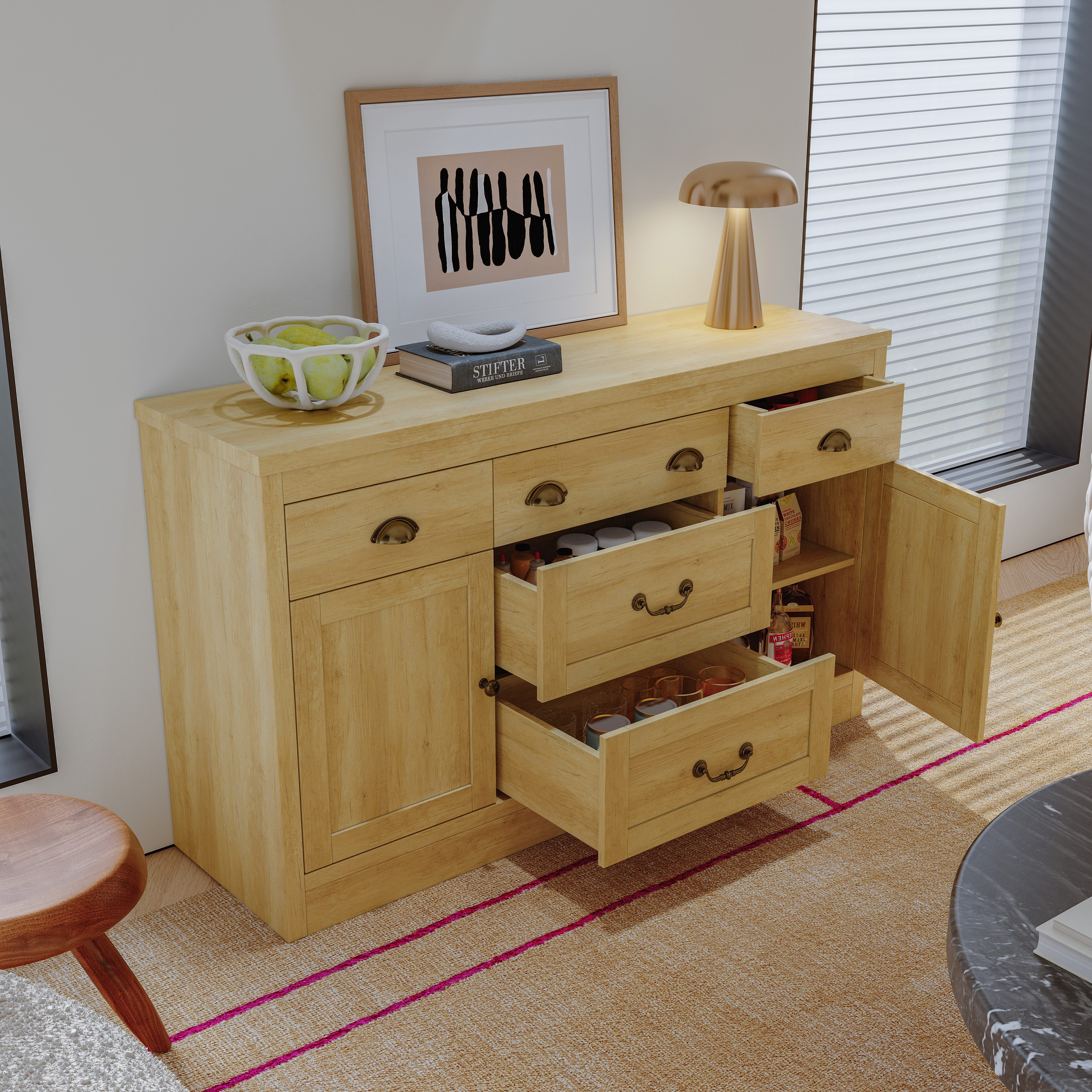 zebery Sideboard Retro-Stil Anrichte Küchenschrank (Set, Highboard Buffetschrank mit 5 Schubladen und 2 Türen), für Schlafzimmer, Wohnzimmer, Flur, 135 x 40 x 80cm