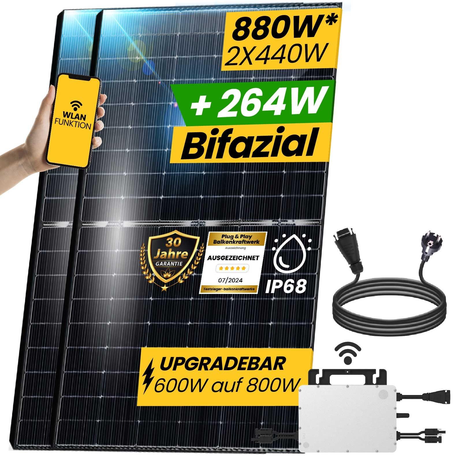 EPP.Solar Solaranlage 880W/800W Balkonkraftwerk Komplettset inkl. Bifazial Solarmodule, Monokristalline und Komplettset Plug & Play mit Hoymiles HMS-800-2T Upgradefähiger von 800W auf 600W WLAN Mikrowechselrichter