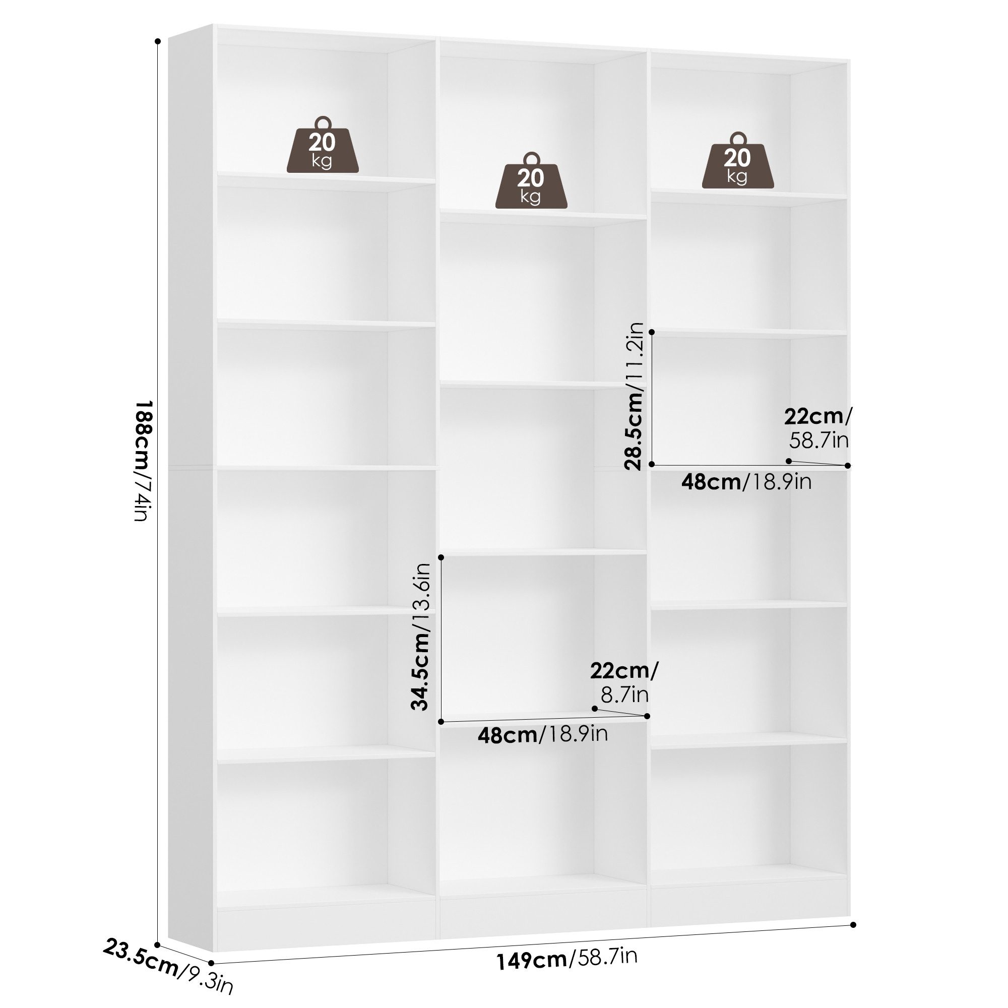 Homfa Bücherregal 188cm Standregal Büroregal Bücherschrank, mit 17 Fächern, 149x23,5x188cm – Bild 4 von 5