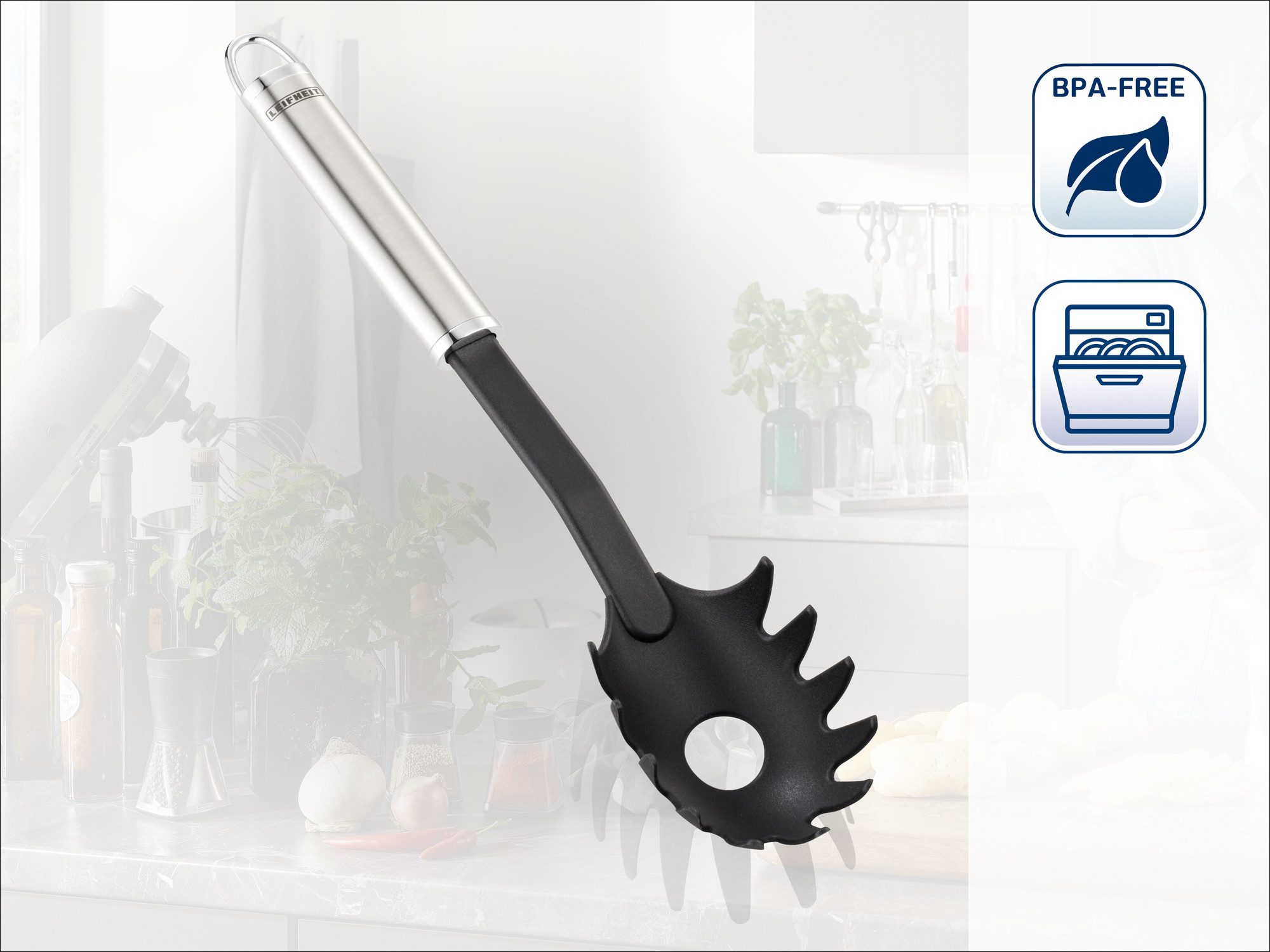 Leifheit Servierlöffel Spaghettilöffel Nylon, Edelstahl, hitzebeständiges Nylon bis 160°C, Aufhängeöse