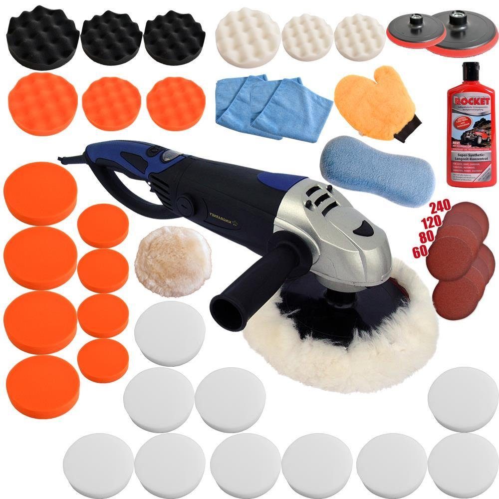 Duke-Handel Rotationspoliermaschine Poliermaschine Polierer Autopolierer Schleifmaschine 1600Watt (Set 5), 3000 max. U/min, (Set, 50 tlg., inkl. umfangreichem Polier- und Schleifzubehör), ohne Akku und Ladegerät, Griff ist drehbar um 180°